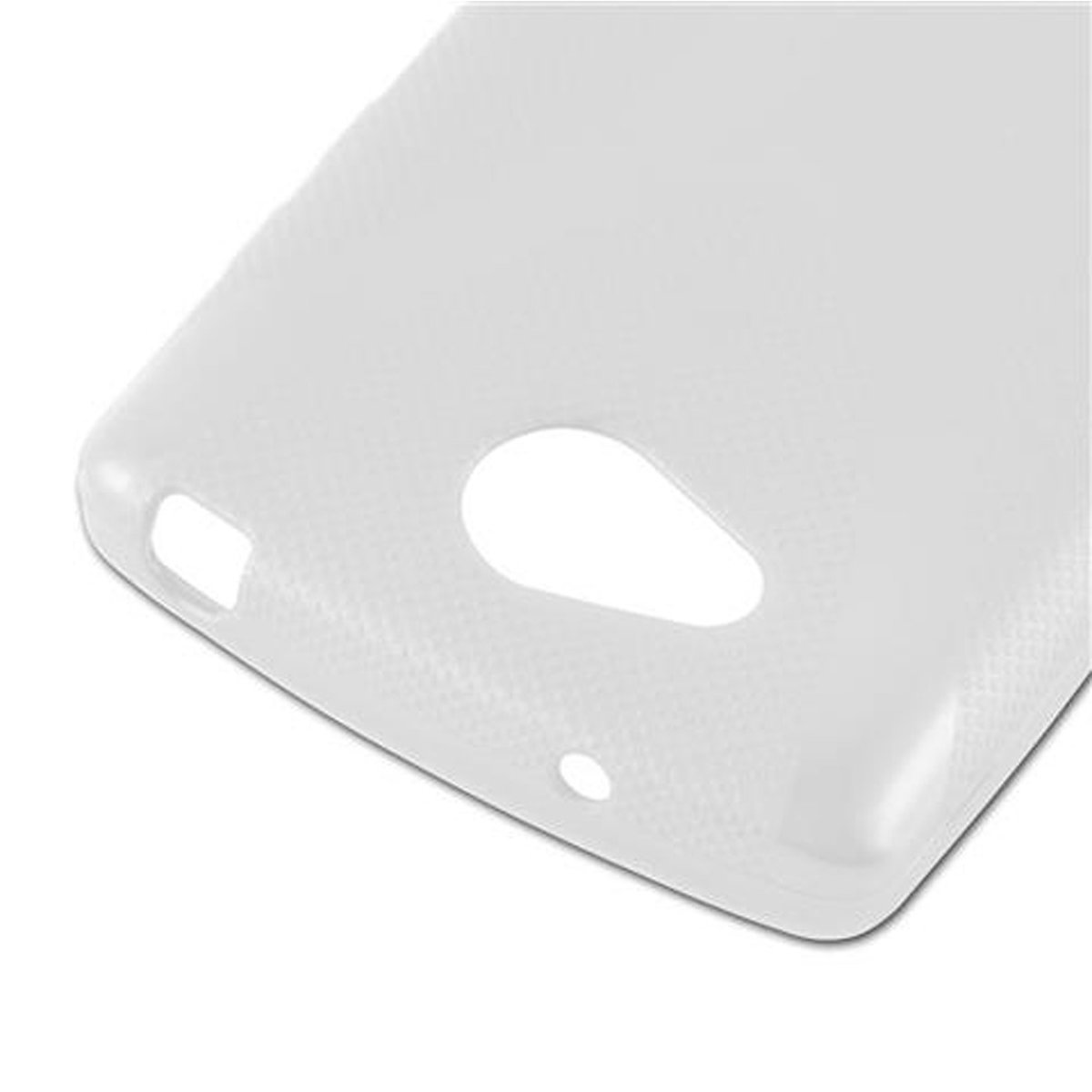 Custodia per telefono bianca con fori per la fotocamera e le porte. Ha un motivo a pois.
