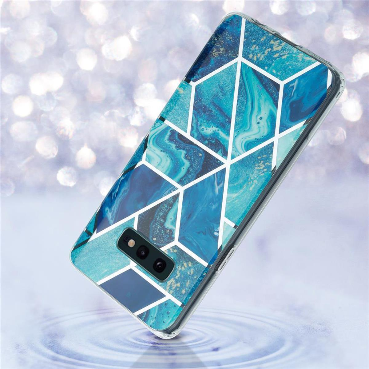 Una custodia per telefono con un motivo blu e bianco.