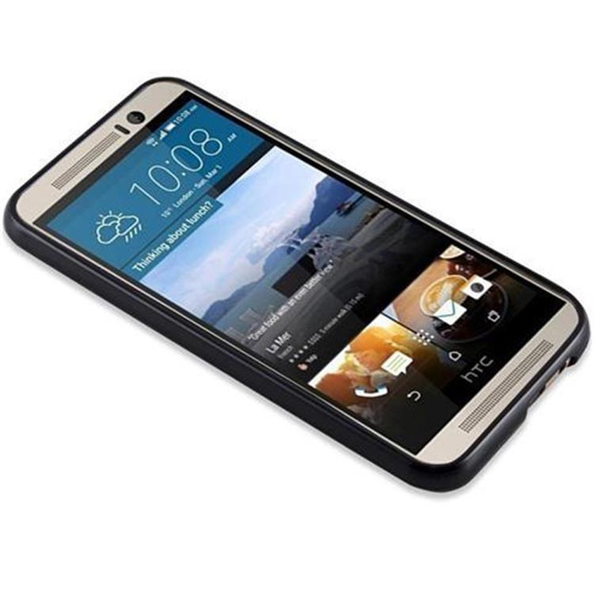 Telefon mit Hülle. Anzeige zeigt Uhrzeit, Datum und eine Cafészene.