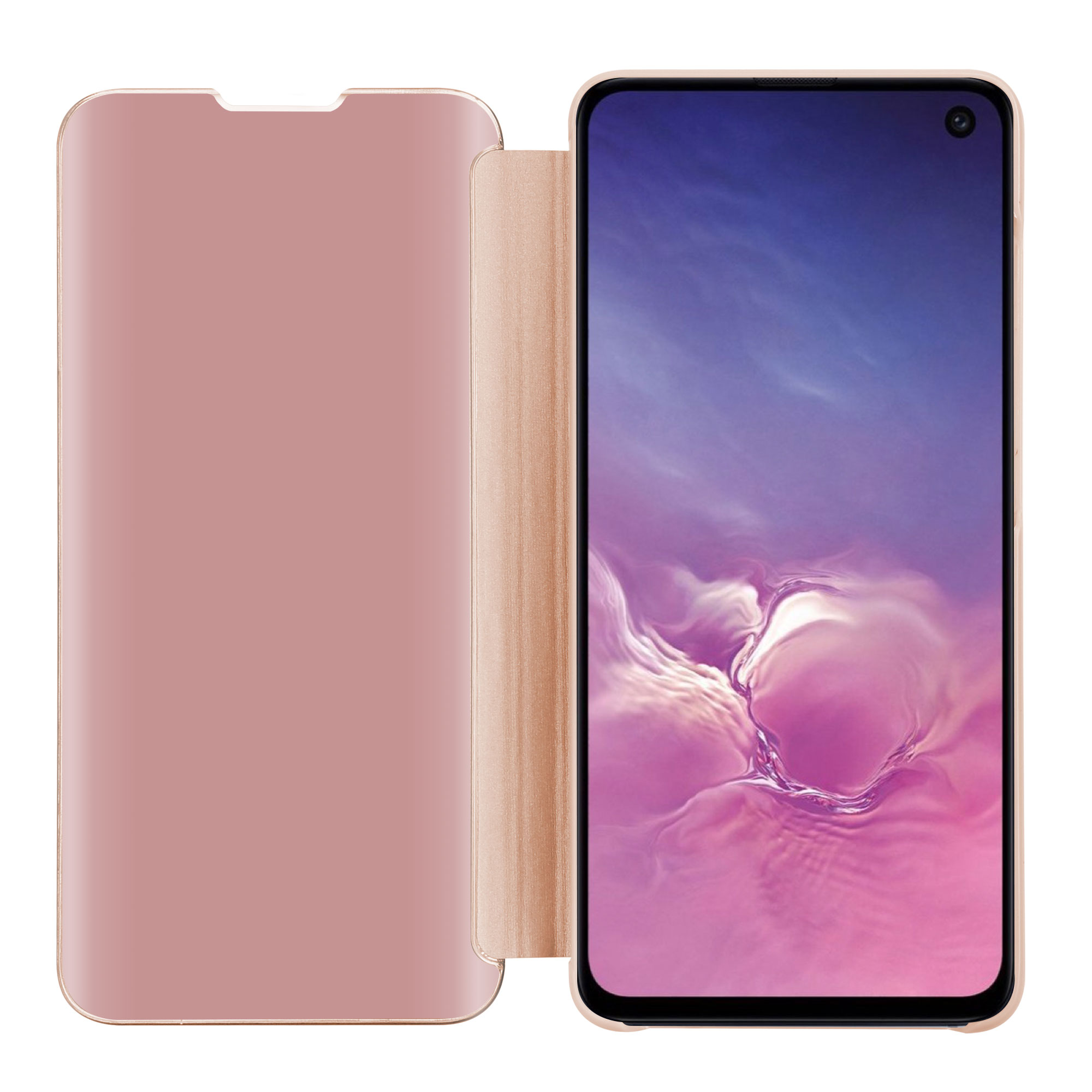 Eine roségoldene Handyhülle, die sich öffnet und ein Telefon mit Bildschirm zeigt. Der Hintergrund ist verschwommen.