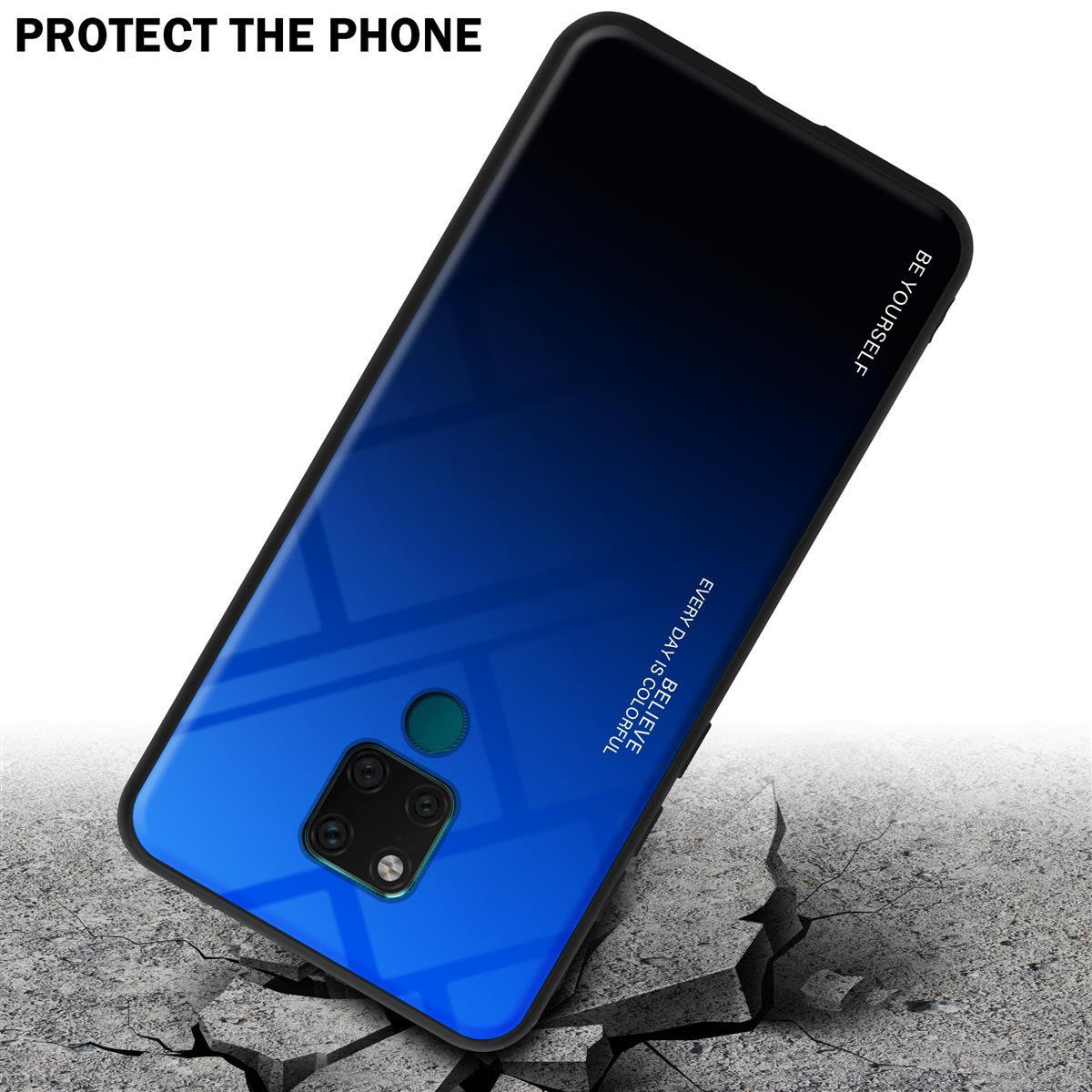 Custodia blu per telefono su una superficie incrinata. La custodia è blu e nera e ha un ritaglio per la fotocamera.