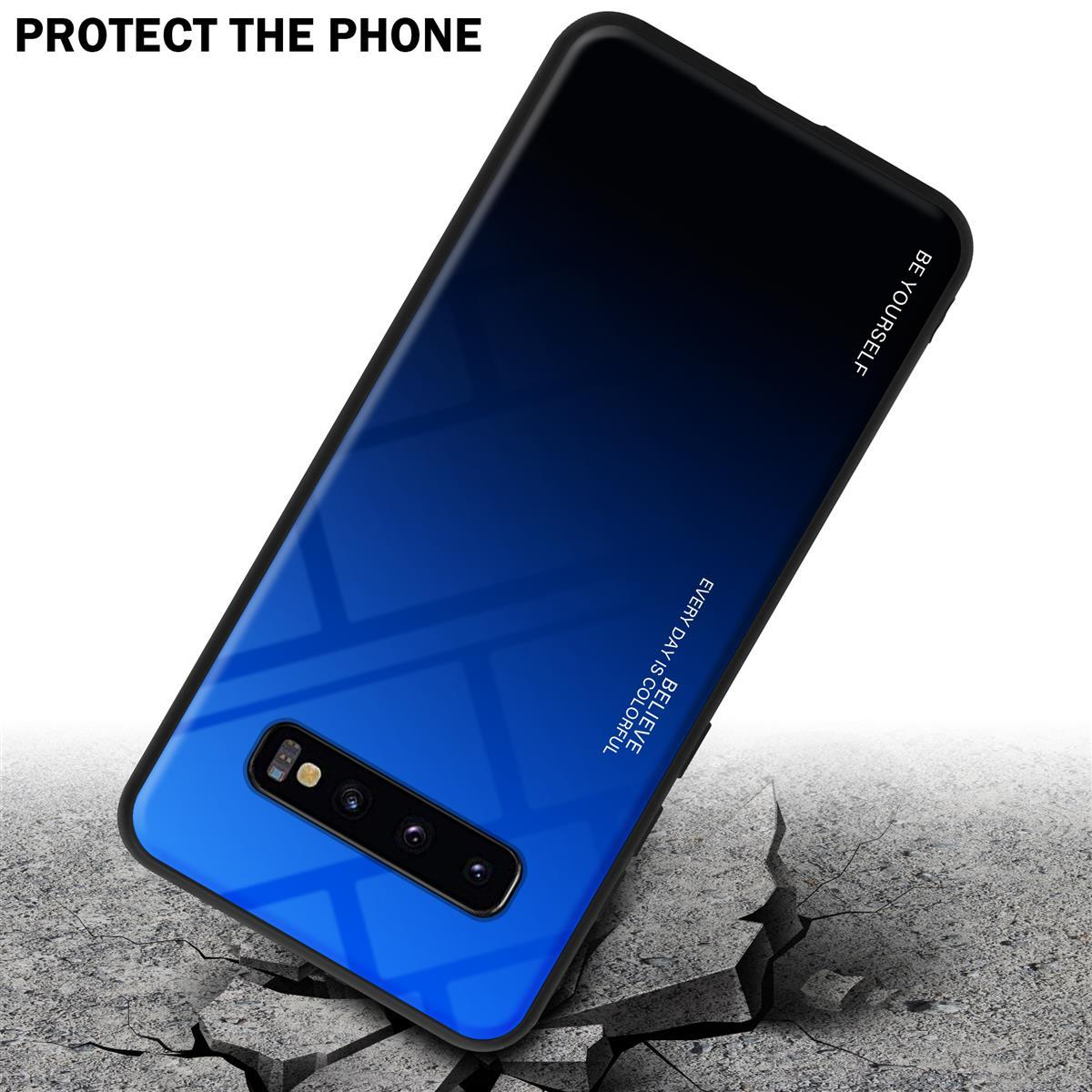 Telefono su una superficie. Il testo dice Proteggi il telefono. Il telefono è blu, nero e ha una fotocamera. La superficie è incrinata.