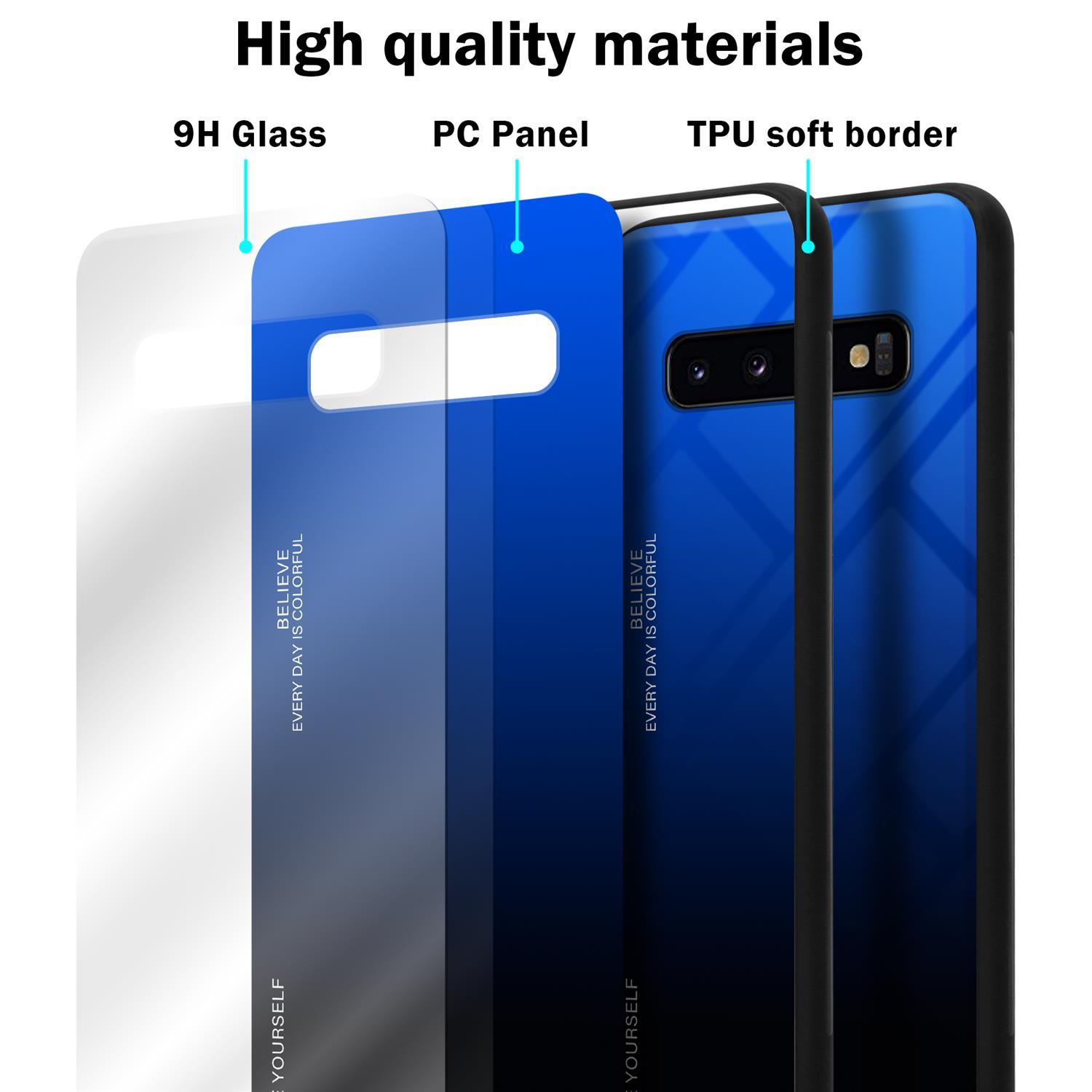 Custodia per telefono con 3 strati: Vetro 9H, Pannello PC e bordo morbido in TPU. Design sfumato blu.