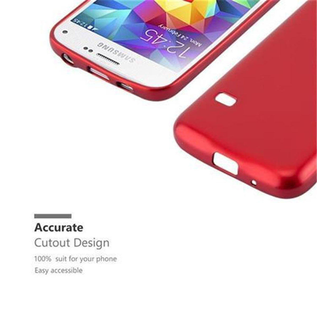 Ein rotes Telefon und eine rote Handyhülle mit präzisem Ausschnittdesign.