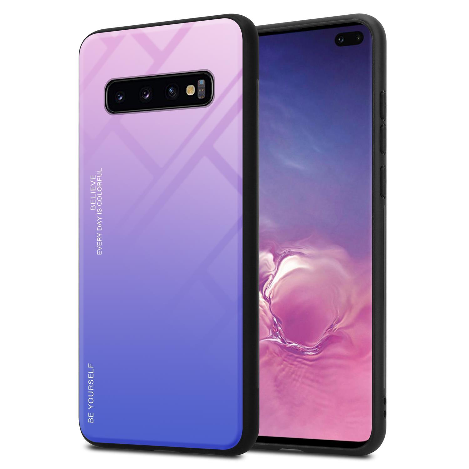 Ein Telefon in einer lila-blauen Farbverlaufshülle. Die Hülle hat den Text 'Believe Every Day is Colorful'.