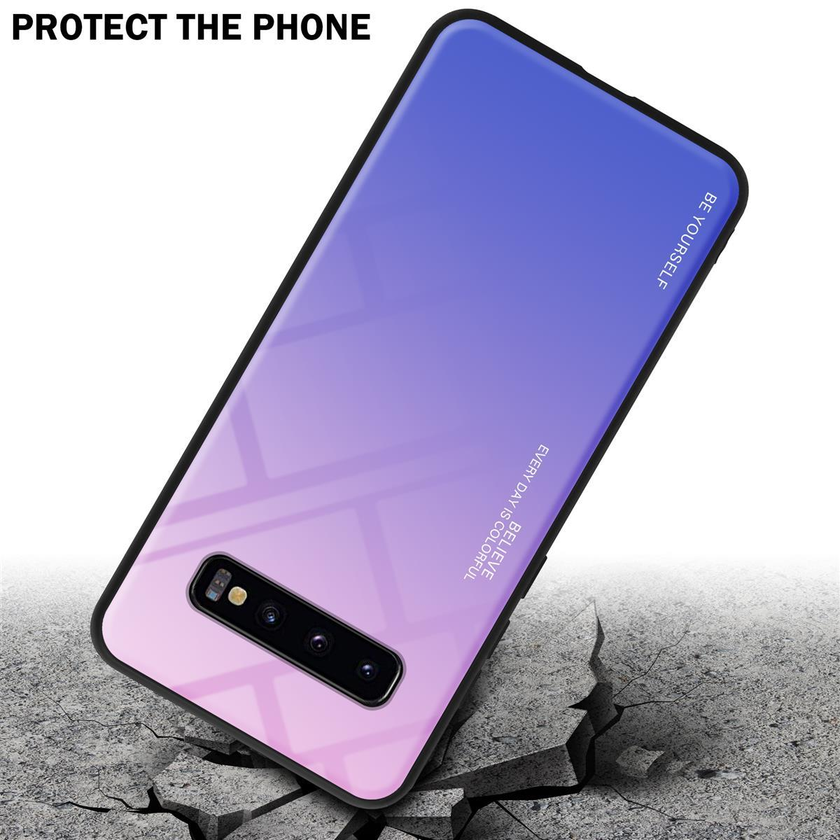 Handyhülle mit Farbverlauf von Pink nach Lila, auf einer rissigen Betonoberfläche. Text: 'Protect The Phone'.