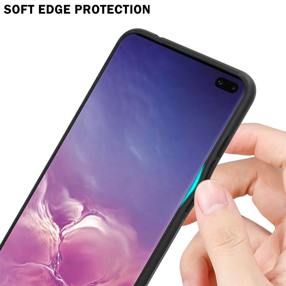 Hand hält Telefon mit schwarzer Hülle. Blaues Licht am Telefonrand.