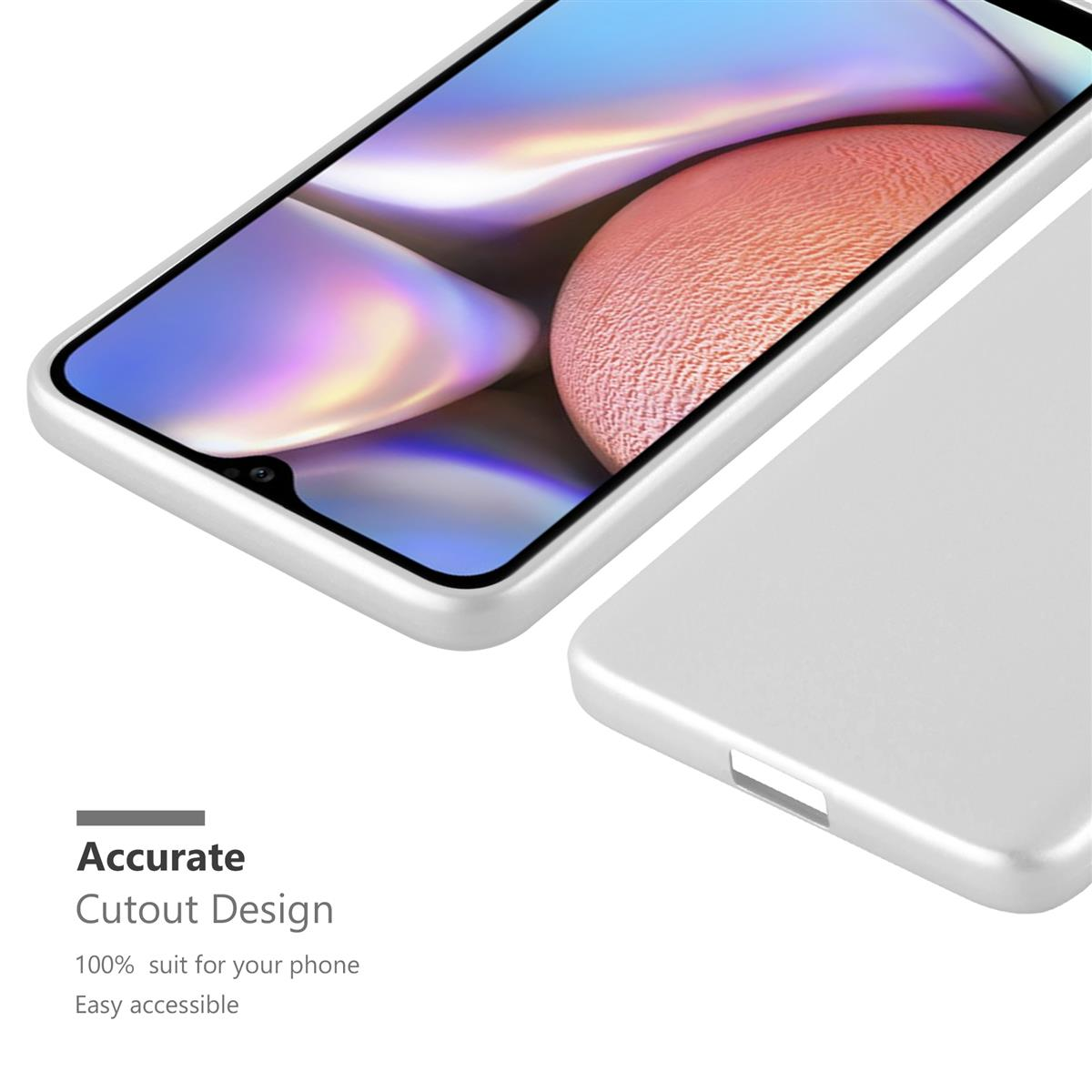 Weiße Handyhülle, die einen Telefonbildschirm zeigt, und der Text Accurate Cutout Design.