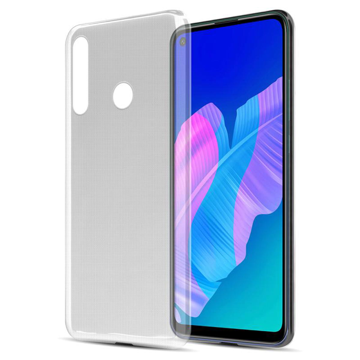 Telefono Huawei con custodia trasparente. Lo schermo è in mostra. La custodia è a sinistra.