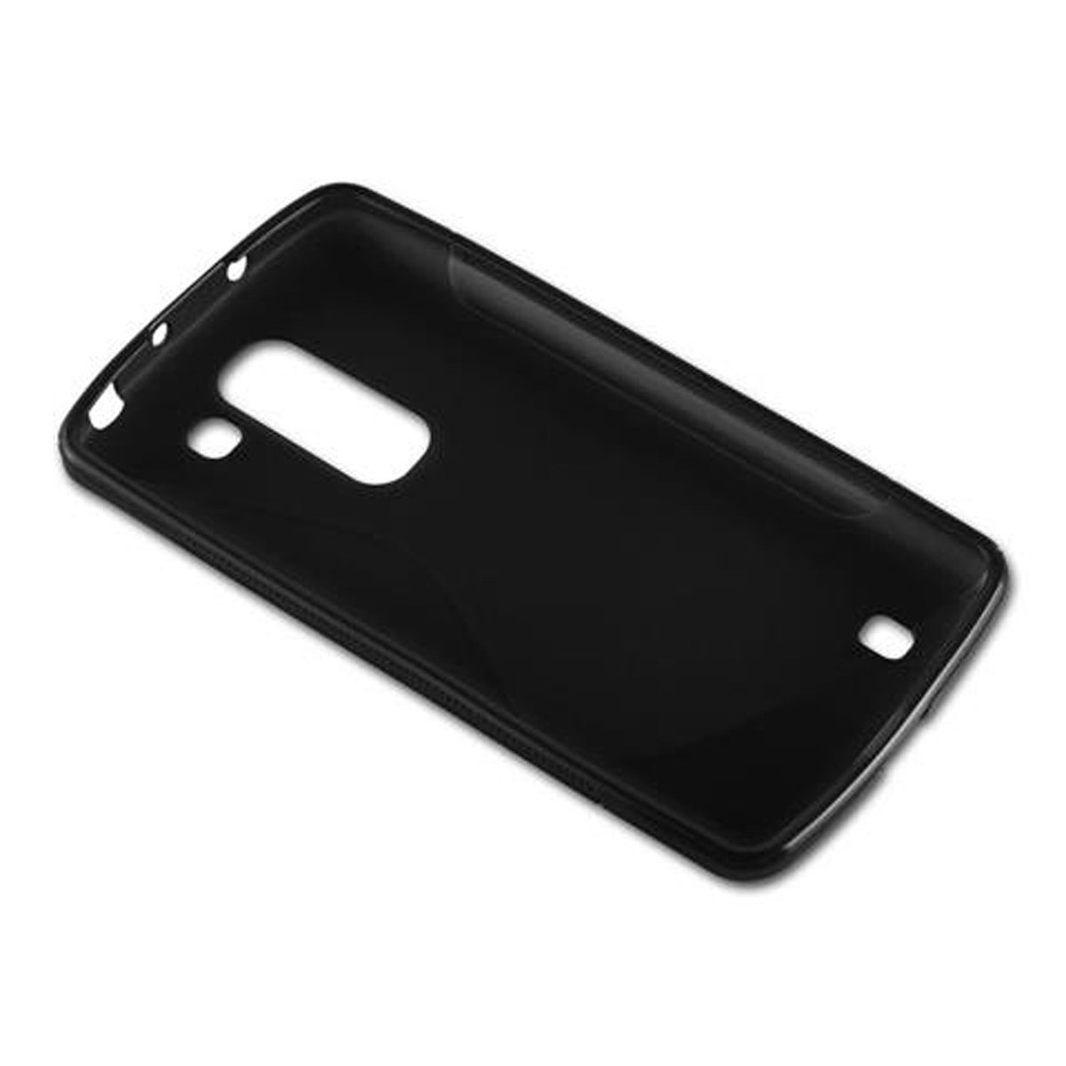 Eine schwarze Handyhülle auf weißem Hintergrund. Sie ist glänzend und hat Aussparungen für Kamera und Anschlüsse.