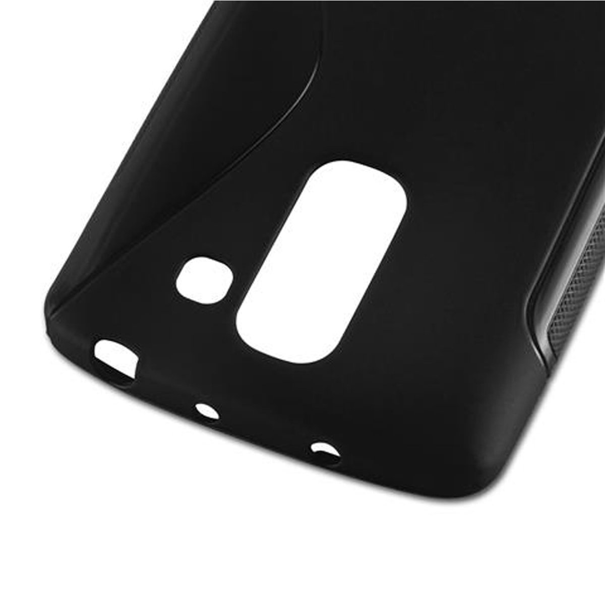 Eine schwarze Handyhülle mit drei Löchern und einem weißen rechteckigen Ausschnitt.
