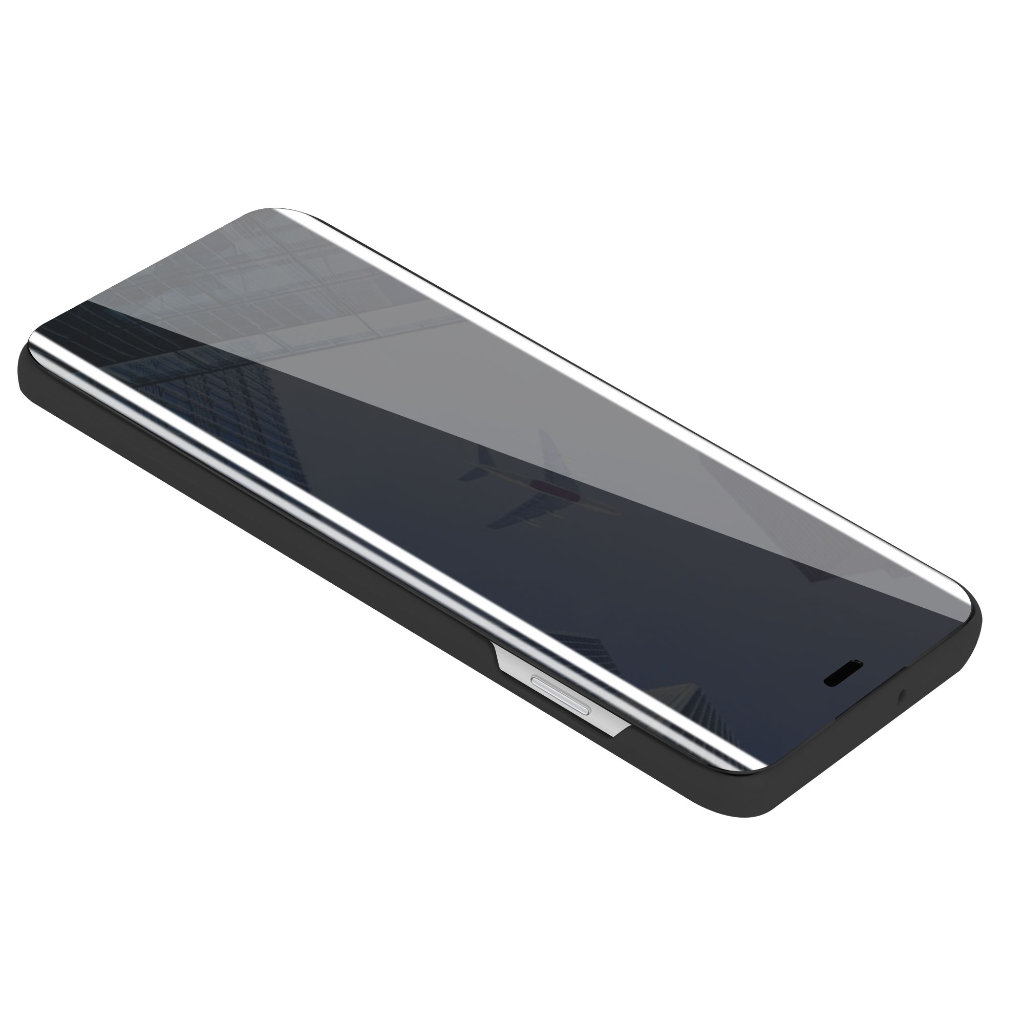 Un telefono con cornice nera e schermo a specchio che riflette un paesaggio urbano. Il telefono è angolato.