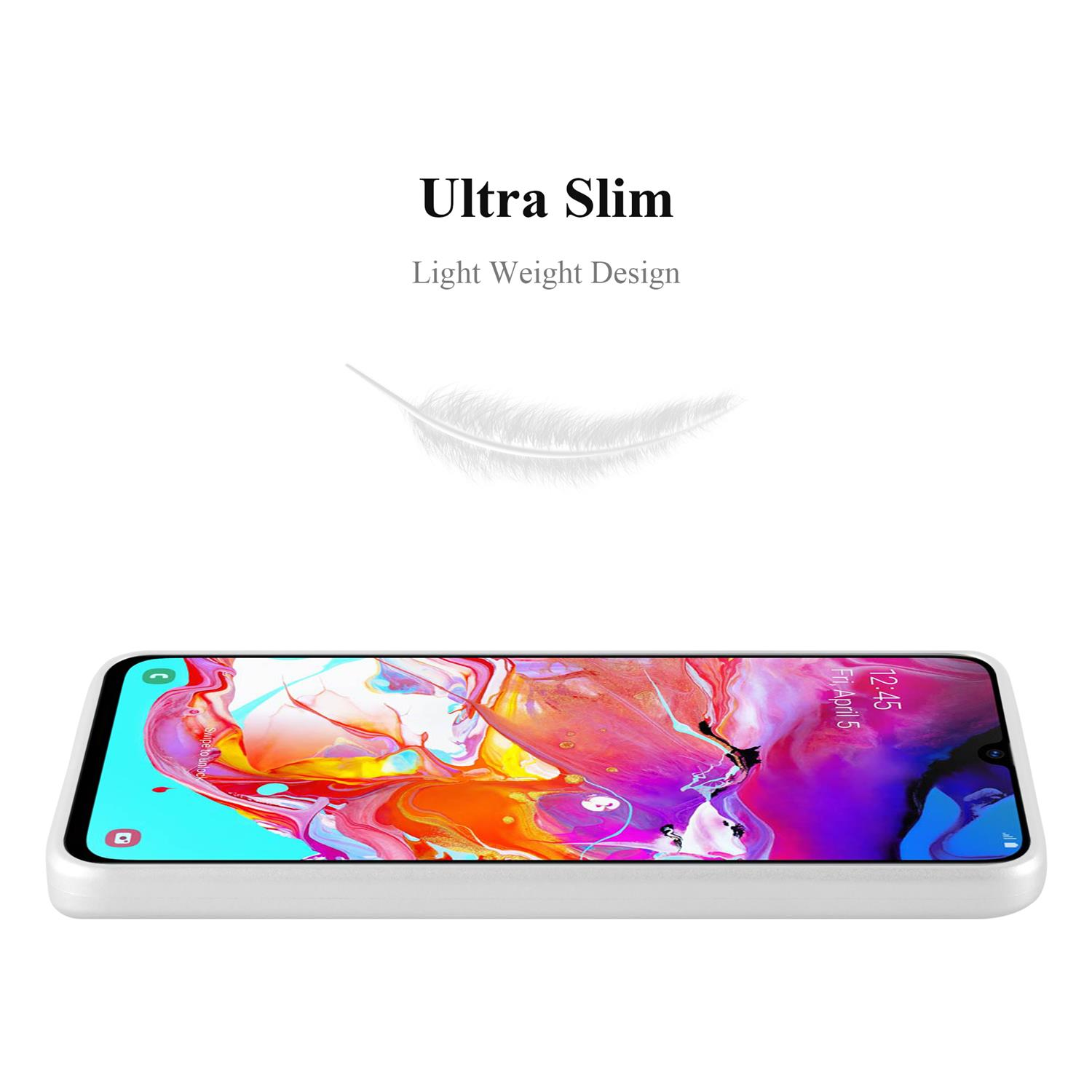 Eine weiße Handyhülle mit einem Telefon darin, liegend auf einer weißen Oberfläche. Eine Feder darüber.