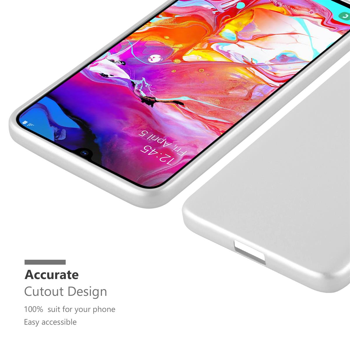 Smartphone in der Nähe einer weißen Hülle. Text: Präzises Ausschnittdesign, 100% Passform.