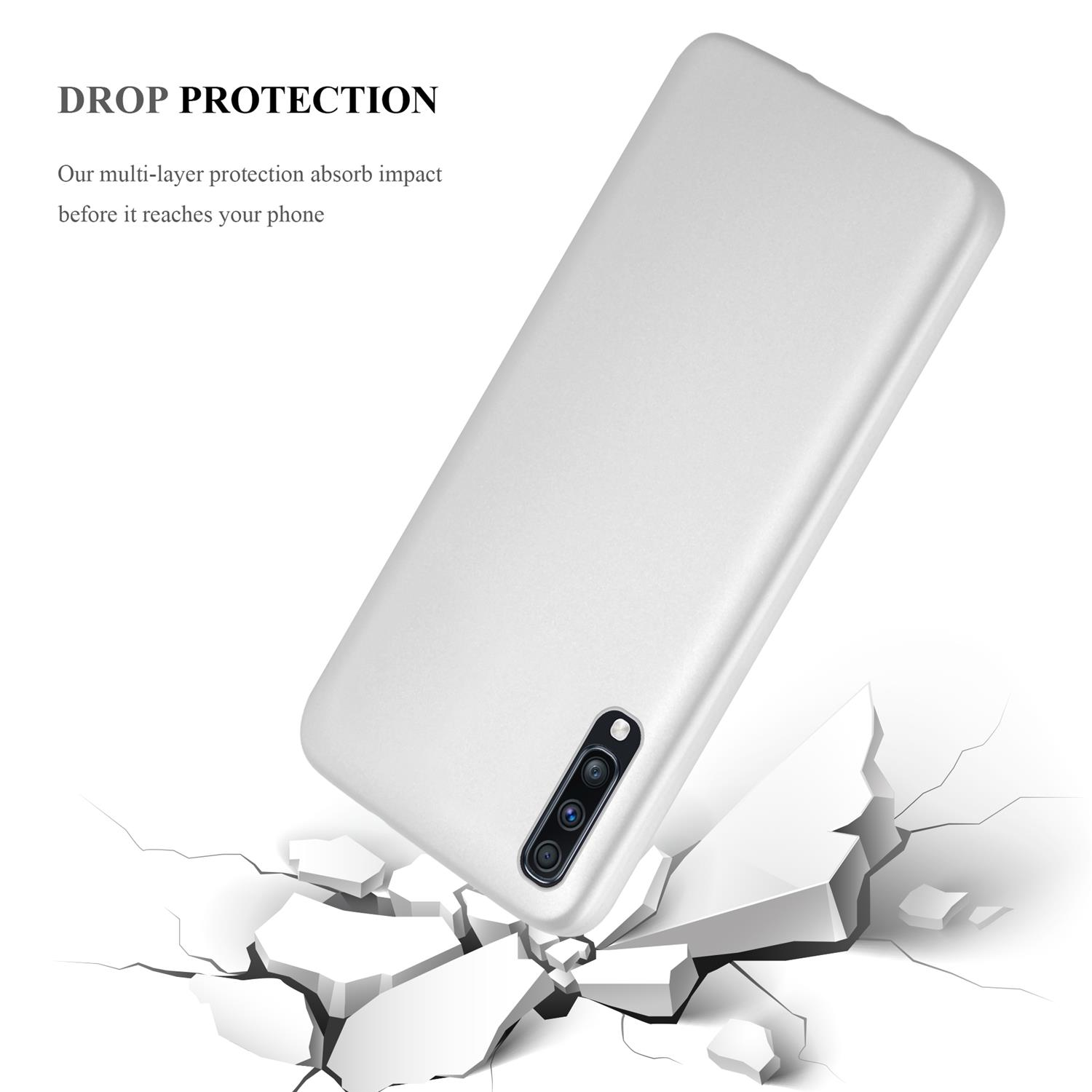 Eine Handyhülle mit sichtbaren Rissen, der Text lautet "DROP PROTECTION", die Rückseite des Telefons ist weiß.