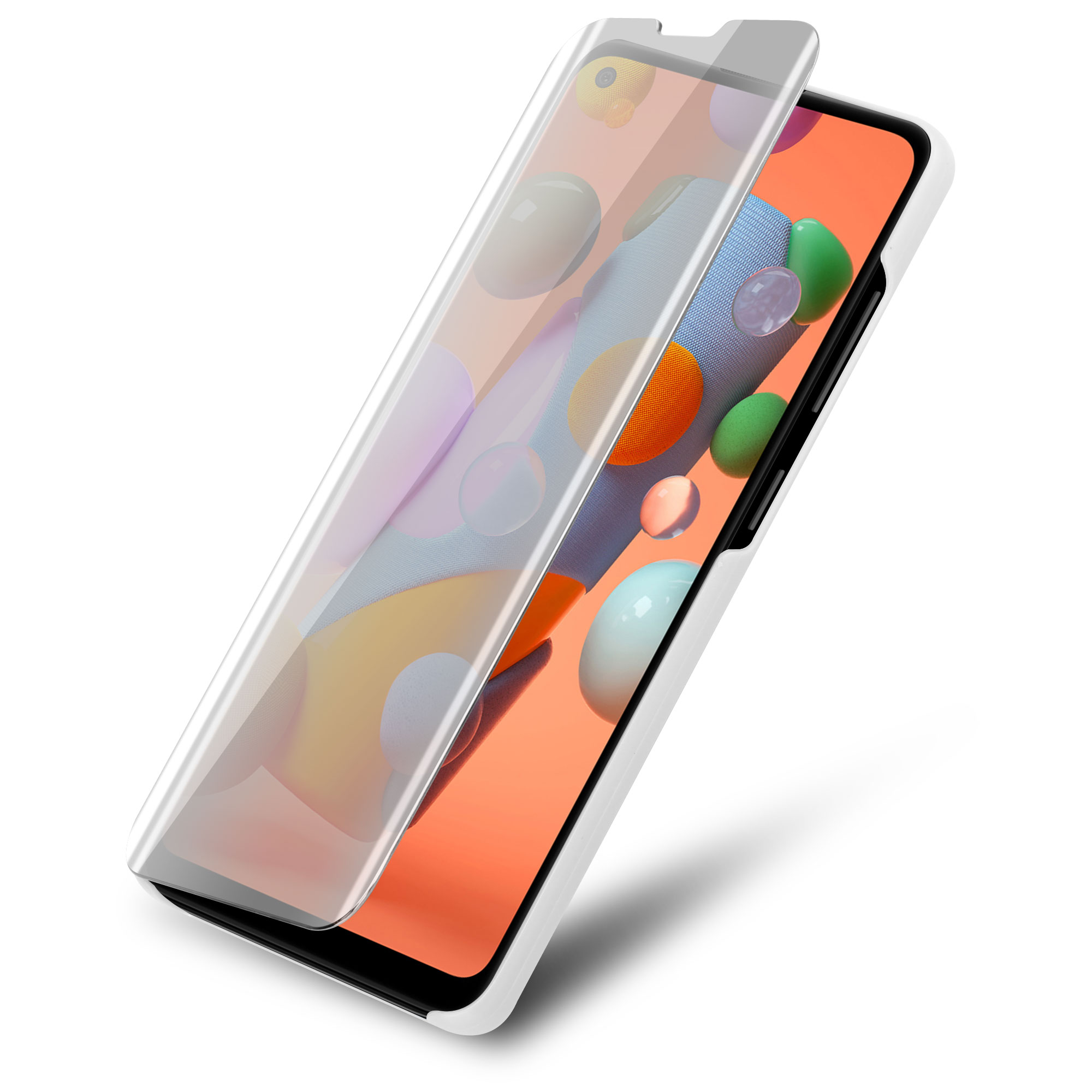 Un telefono con un proteggi schermo applicato. Il telefono è bianco.