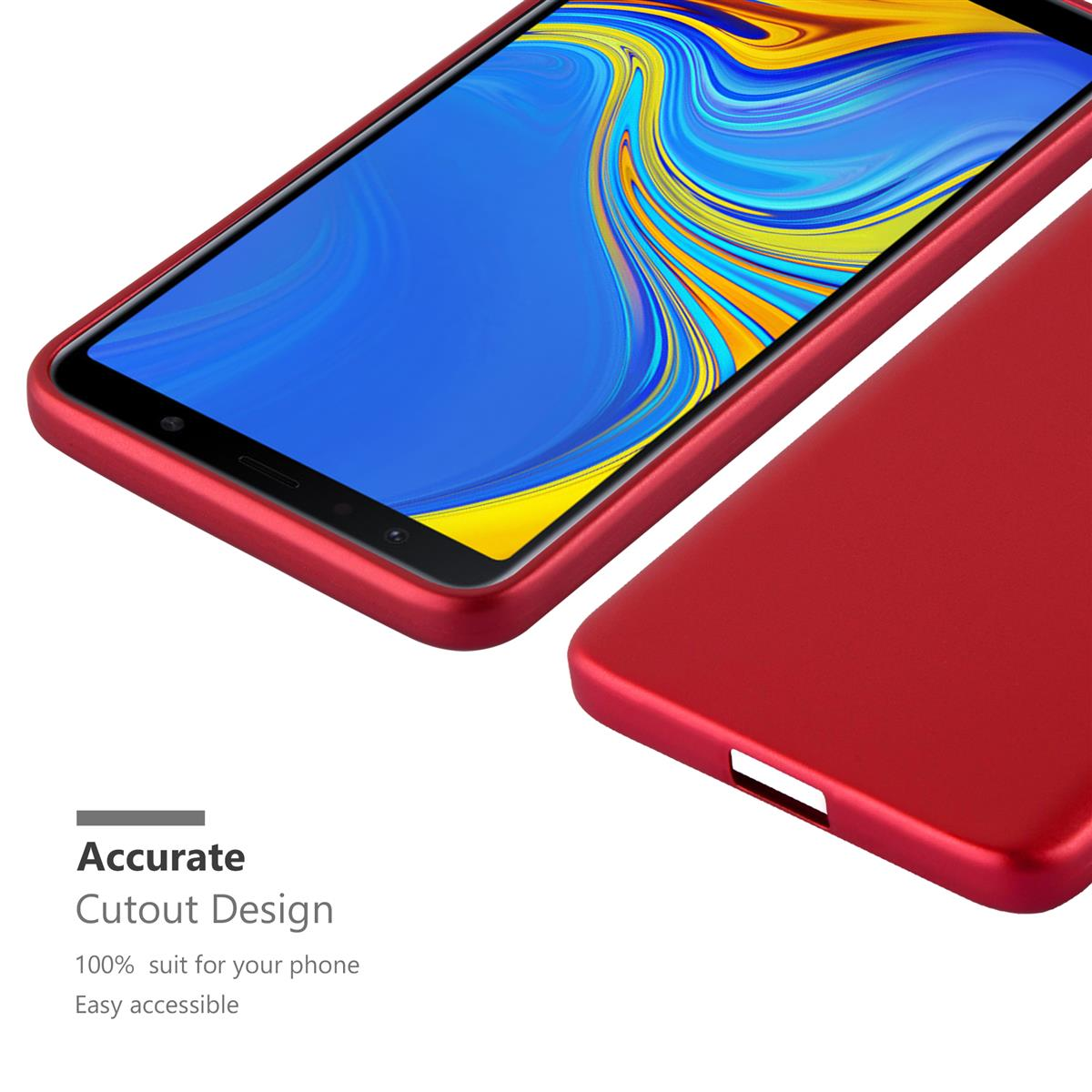 Rote Handyhülle auf rotem Telefon. Ausschnittdesign mit Text darunter.