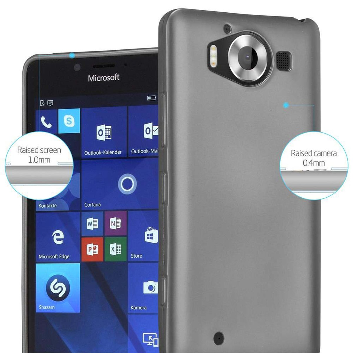 Telefono Microsoft e custodia grigia, con dettagli di schermo e fotocamera rialzati. Su superficie bianca.
