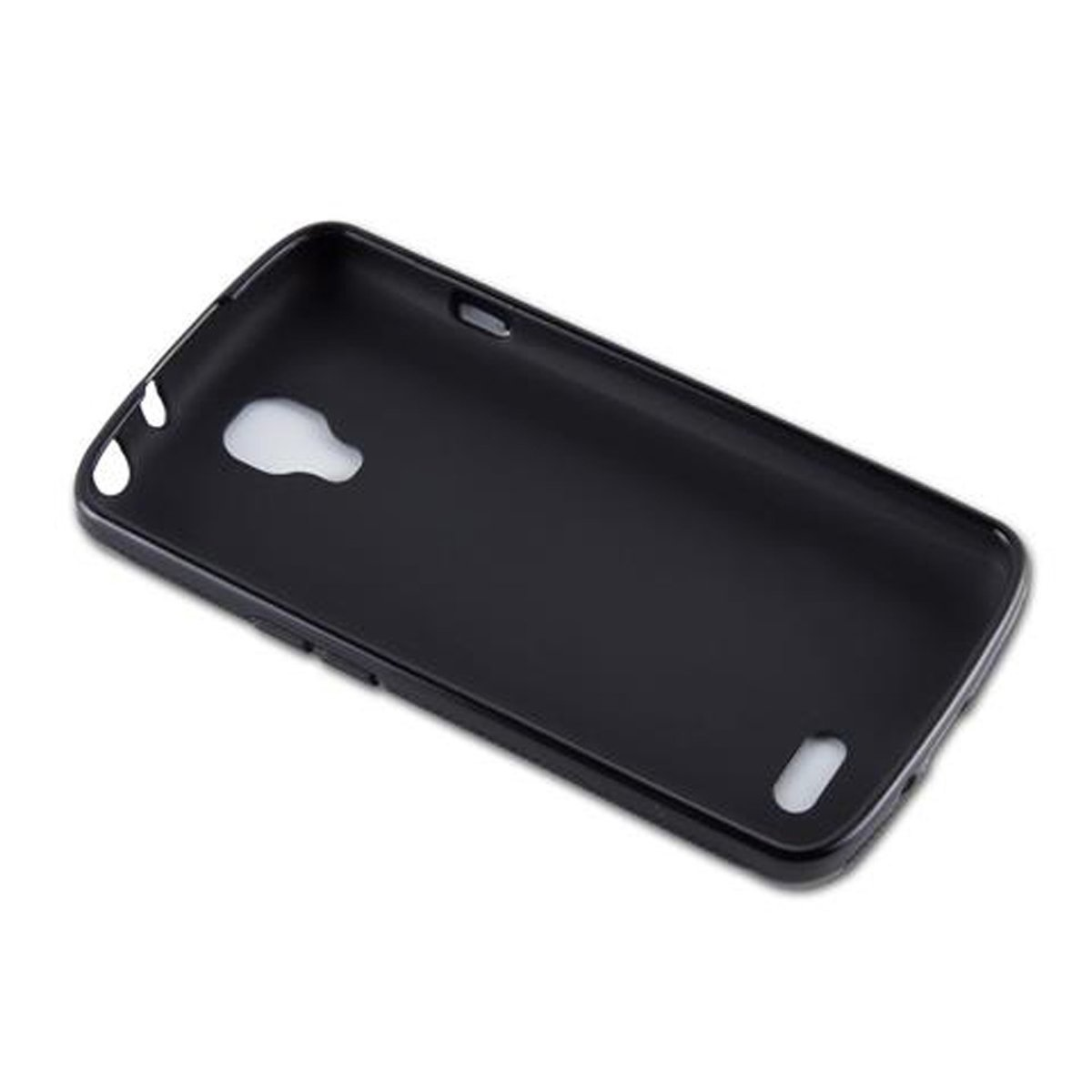 Coque de téléphone noire, en angle, avec découpes pour caméra et boutons, sur surface blanche.