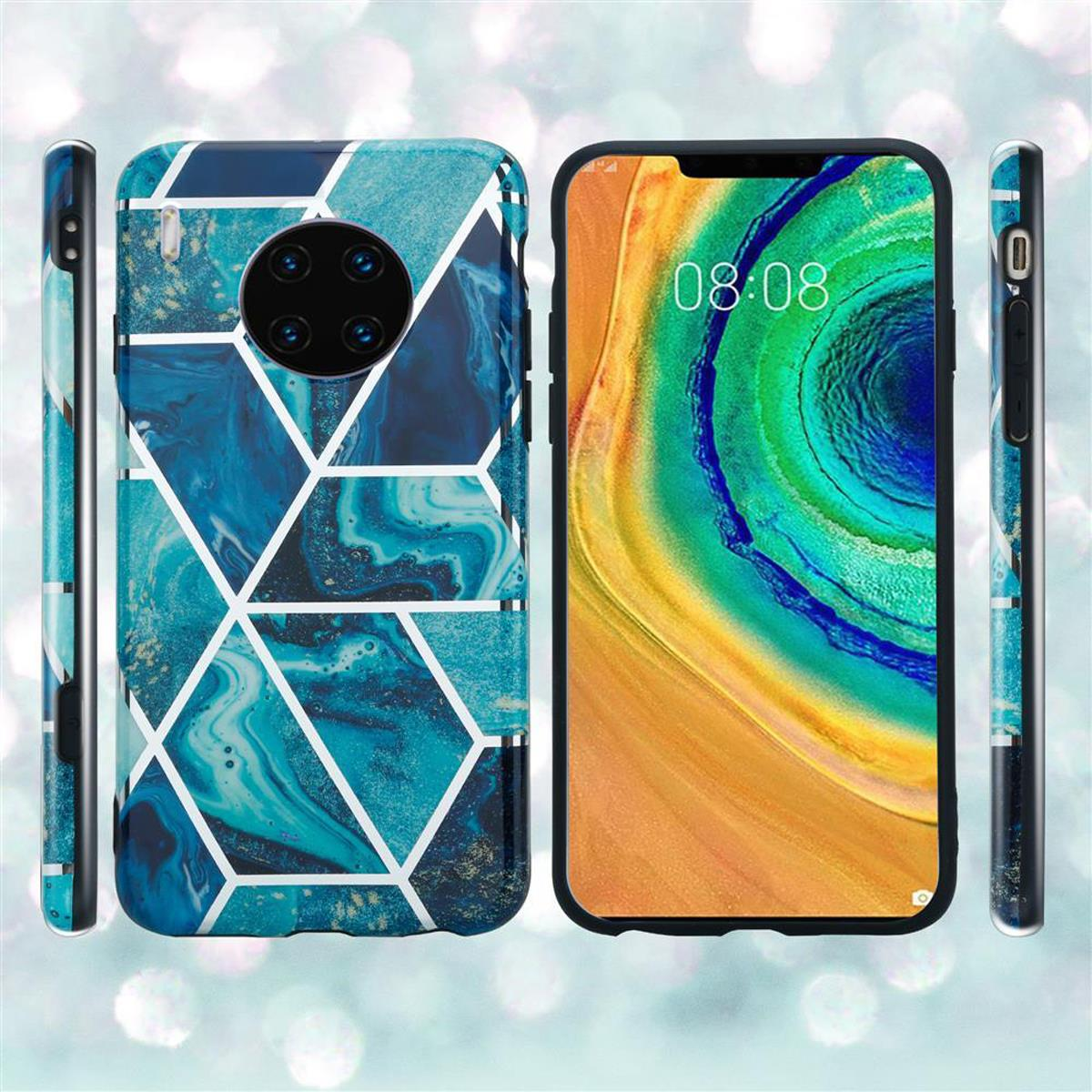 Un telefono con una custodia blu marmorizzata viene visualizzato con i suoi lati. Lo schermo è acceso e mostra l'ora.