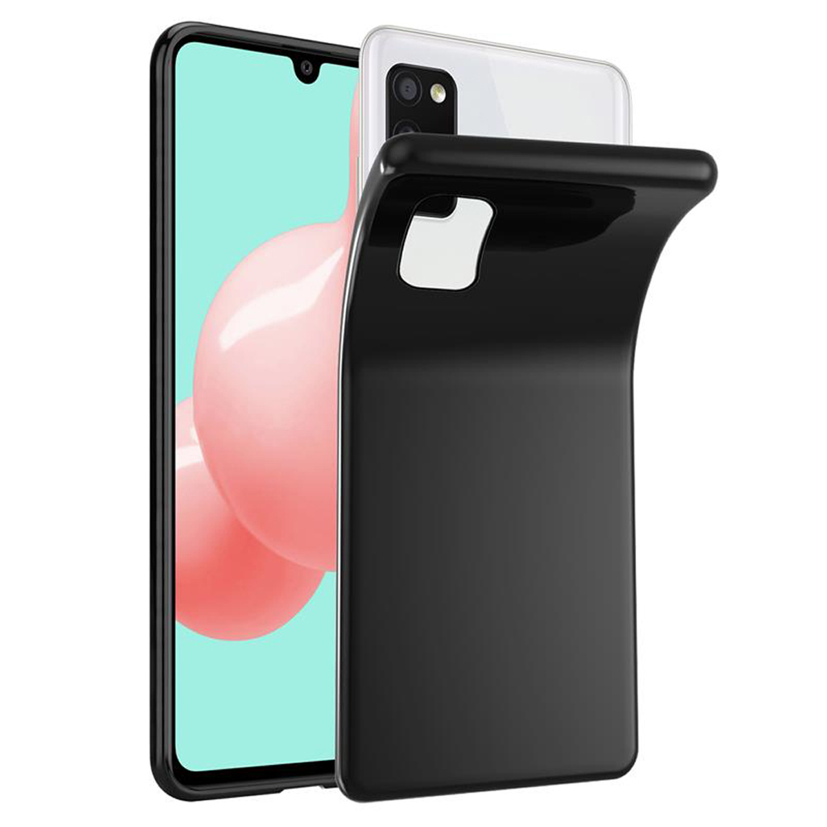 Telefono nero con custodia nera, schermo del telefono acceso. Bolle rosa sullo sfondo.