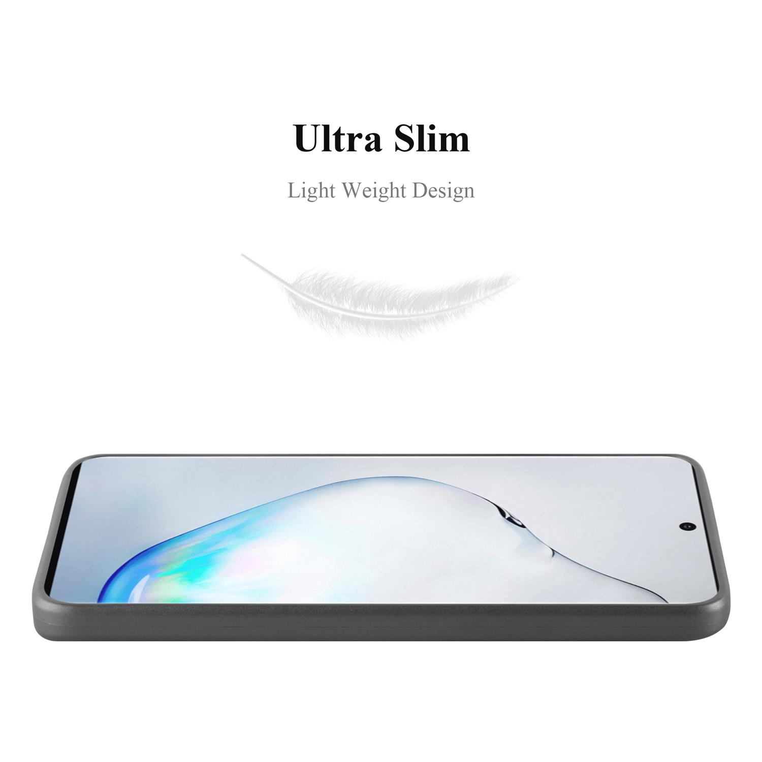 Eine Handyhülle mit einem Telefon darin. Text: Ultra Slim, Light Weight Design. Der Bildschirm ist an.