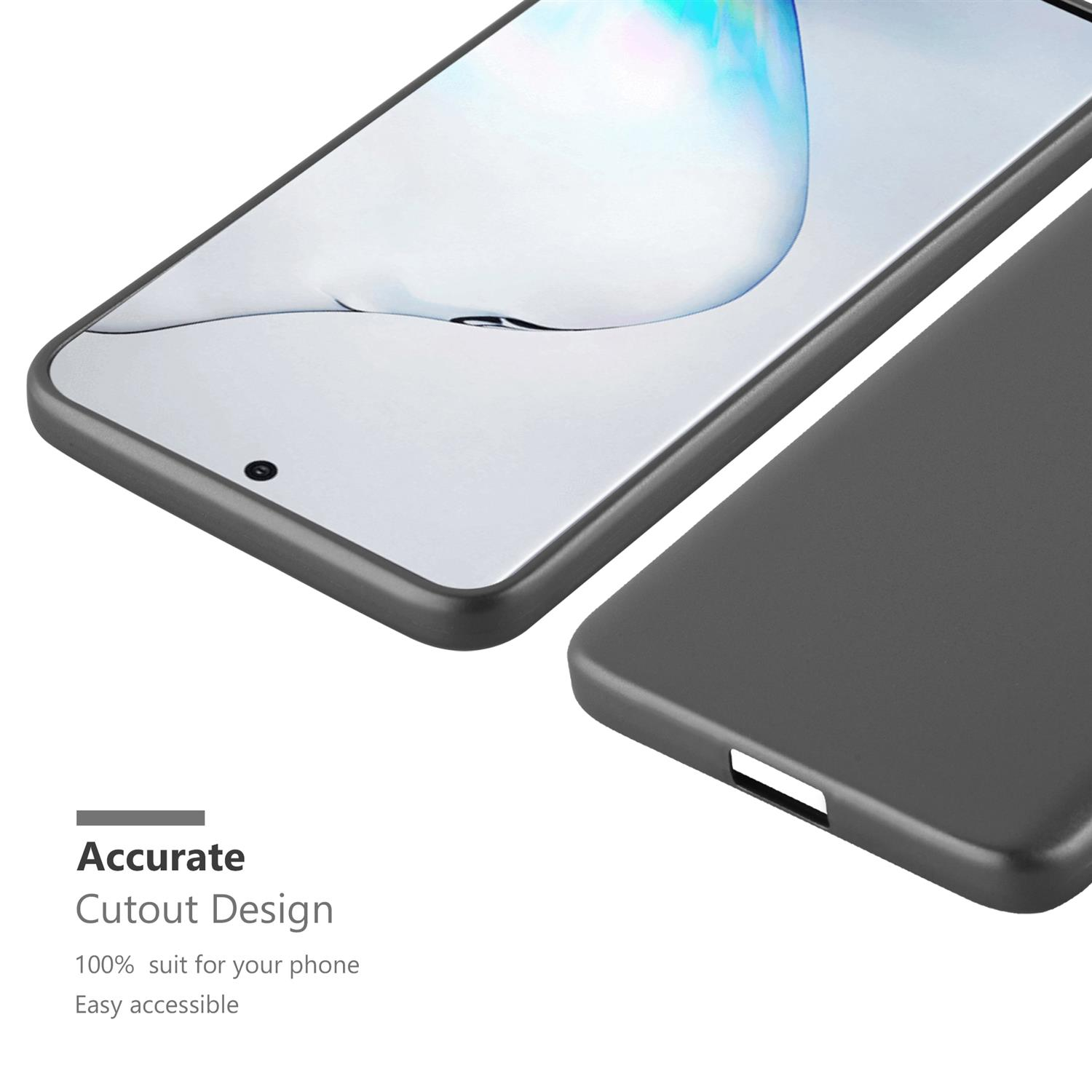 Telefon und Hülle, graue Farbe. Text: Präzises Ausschnittdesign, 100% passend für Ihr Telefon, Einfacher Zugriff.