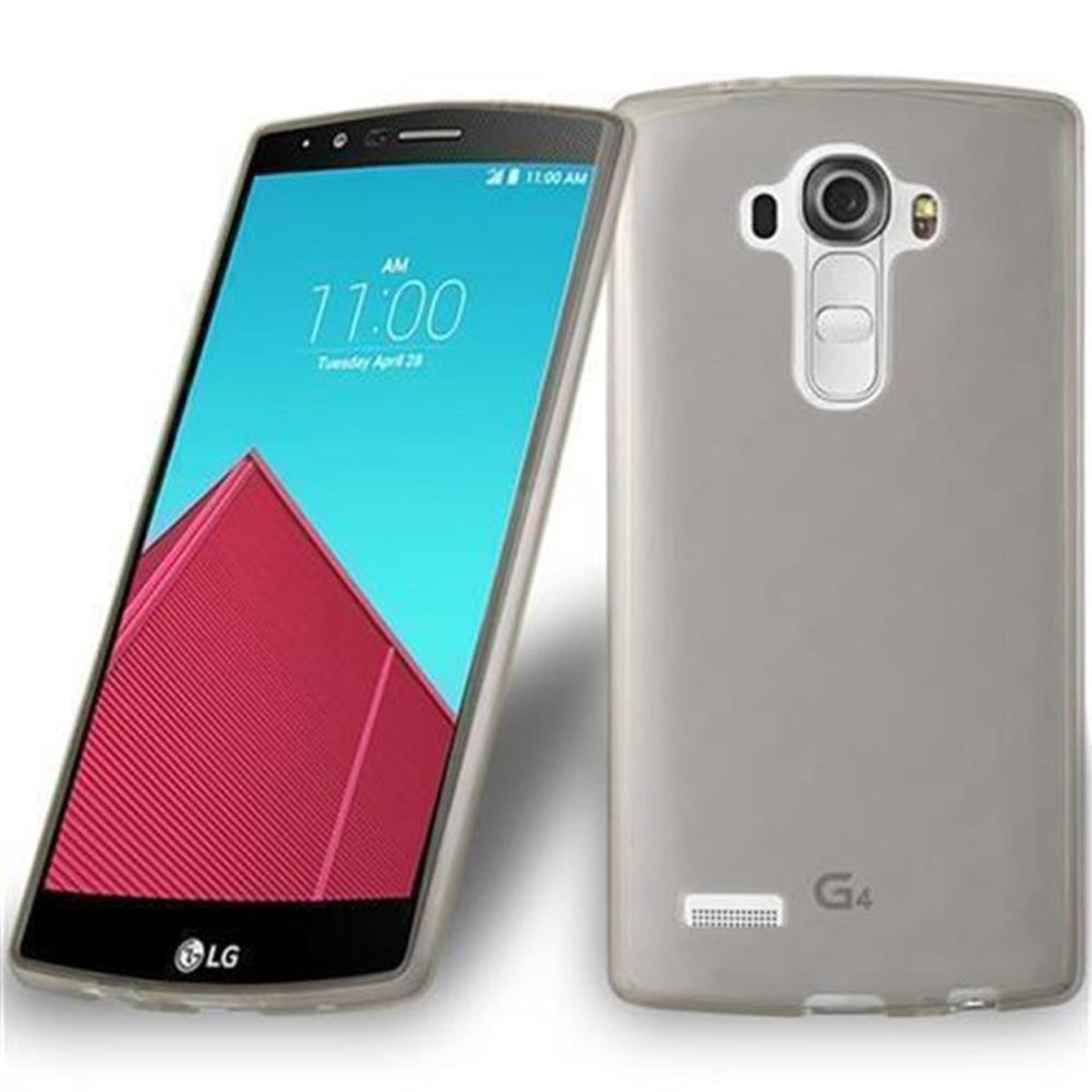 Dos teléfonos en una funda gris, uno mostrando la hora.