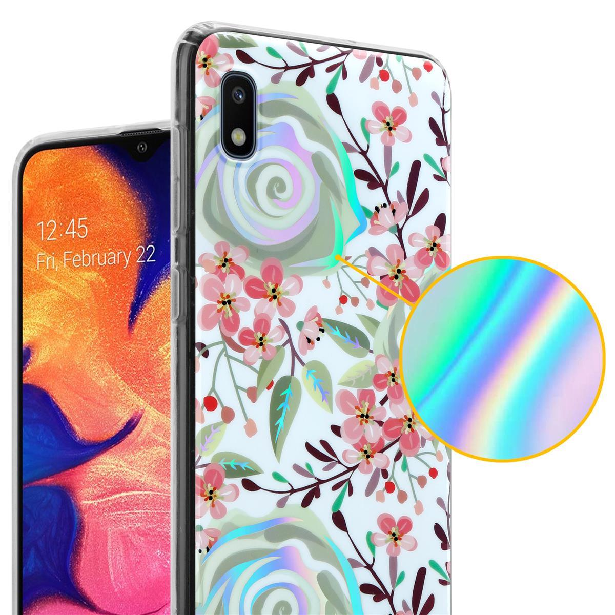 Custodia per telefono con design floreale. Il telefono mostra l'ora e la data. Un cerchio mostra un dettaglio della stampa.