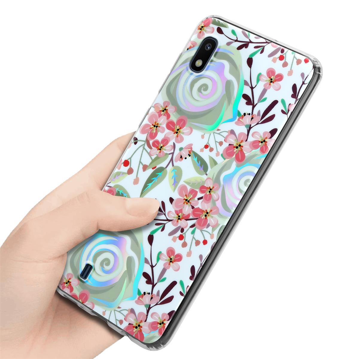 Custodia per telefono con un design floreale e una mano che la tiene. Sfondo bianco.