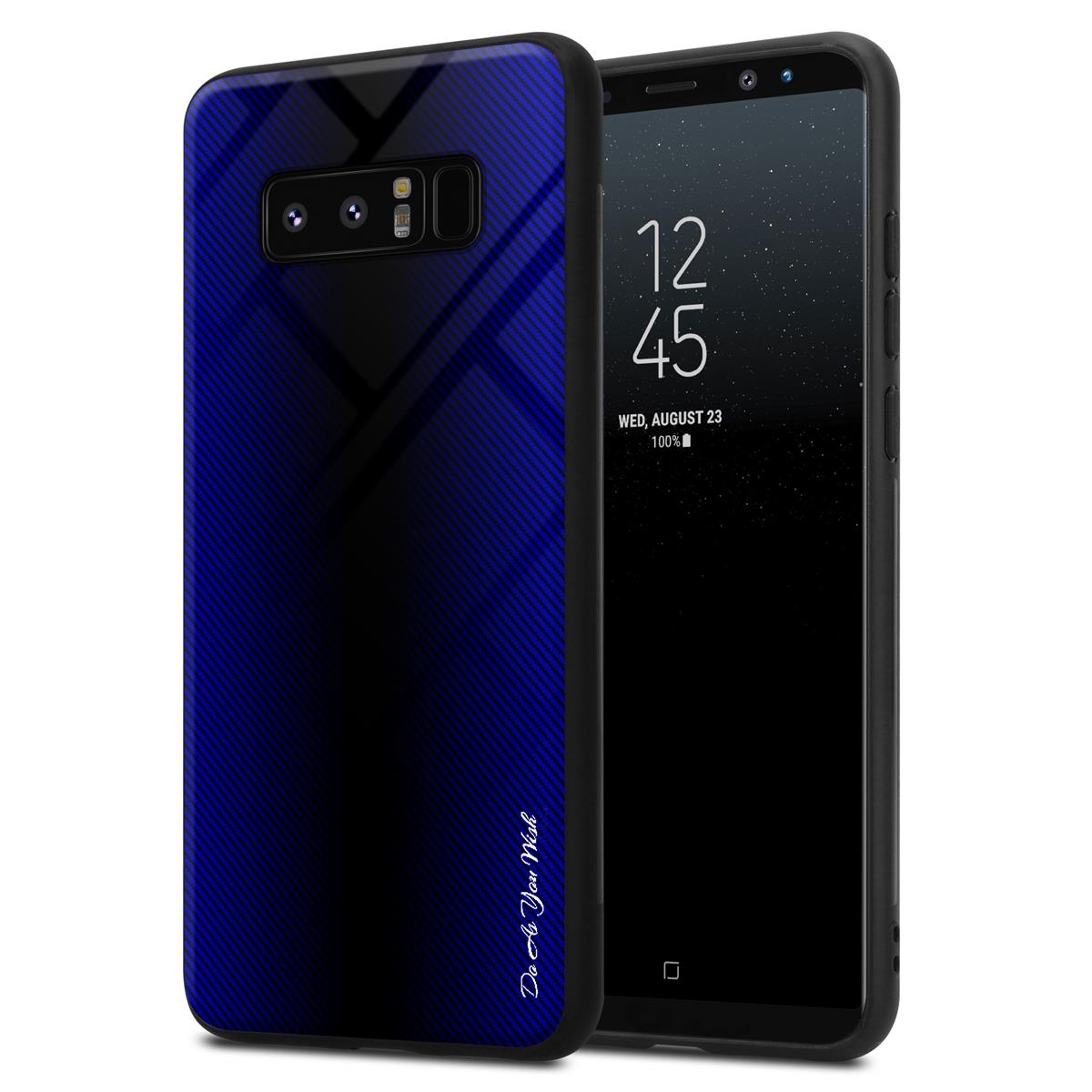 Telefon mit blauem Farbverlauf und schwarzem Bildschirm, der ein Datum anzeigt. Text: Mi, 23. August.