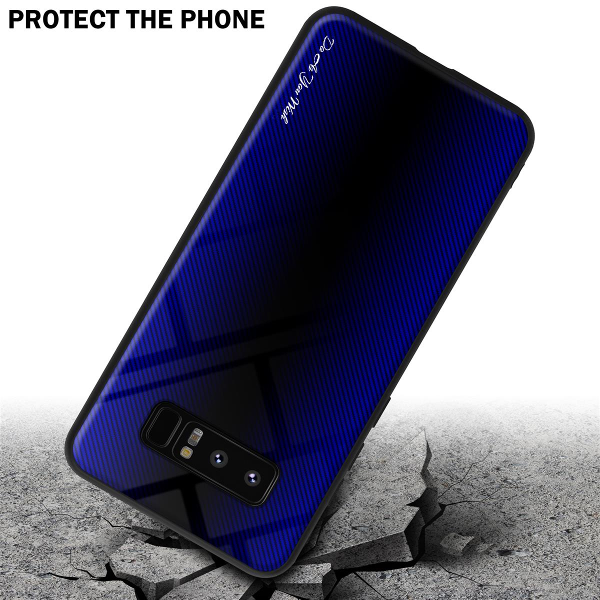 Ein Telefon in einer blauen Carbonfaserhülle. Das Telefon scheint die Oberfläche zu zerbrechen.