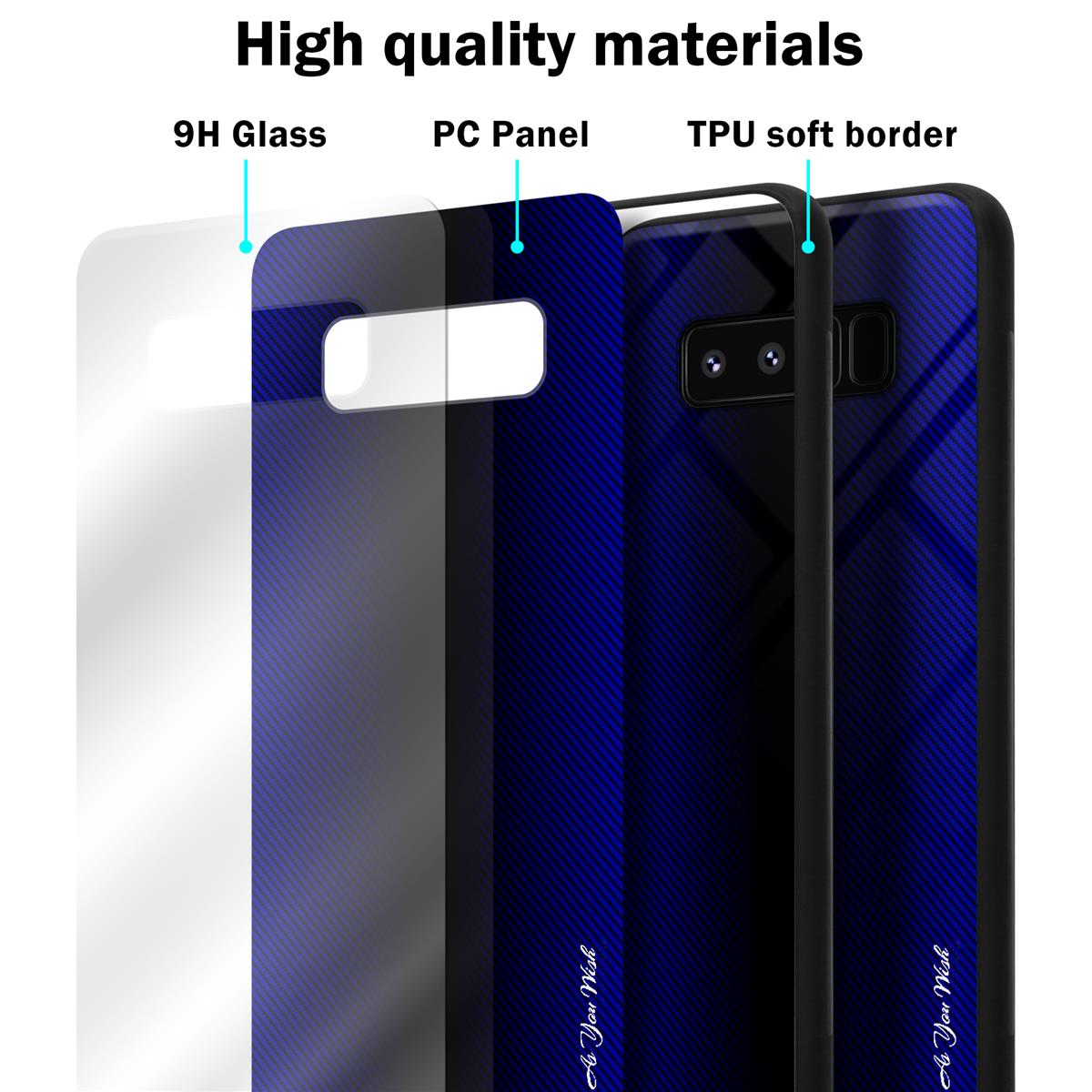 Handyhüllen-Komponenten: 9H-Glas, PC-Panel und TPU-Rand. Blaues Karbonfasermuster sichtbar.