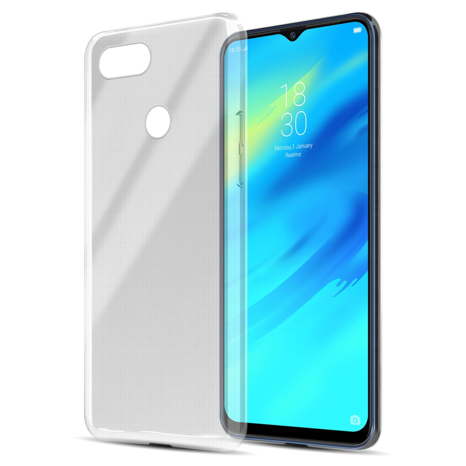 Custodia trasparente per telefono su un telefono con schermo blu che mostra l'ora e la data.