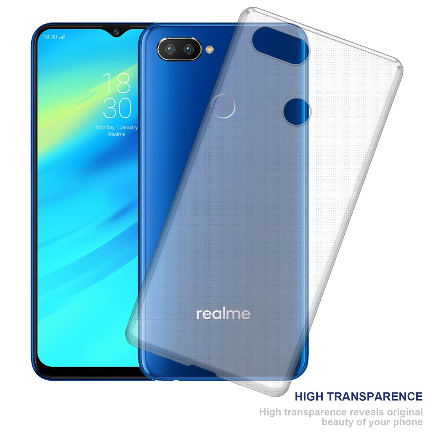 Telefono Realme blu con custodia trasparente. Testo: 'HIGH TRANSPARENCE' per la bellezza del telefono.