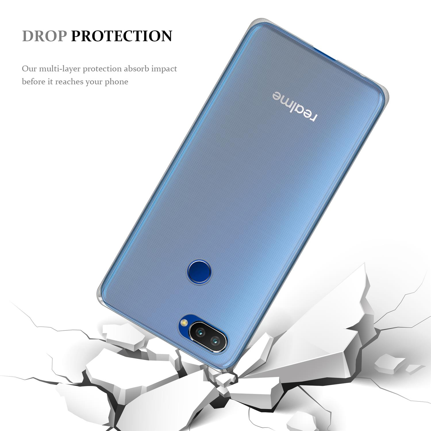 Custodia blu per telefono su superficie bianca rotta, testo: Protezione dalle cadute. Logo Realme.