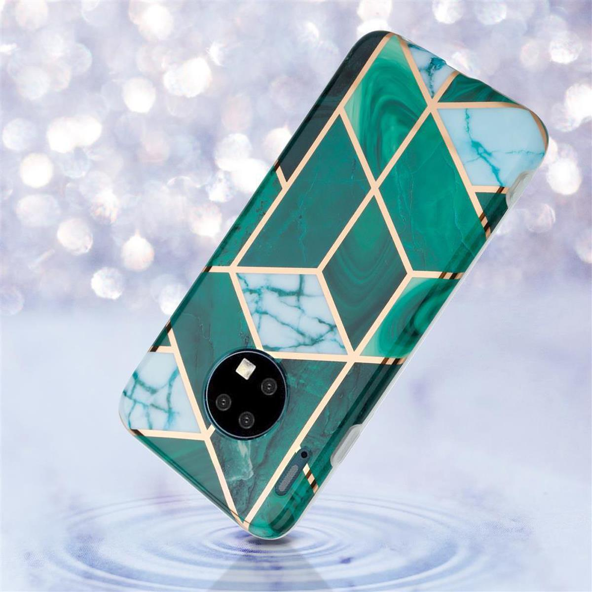 Custodia per telefono verde con motivo geometrico dorato su uno sfondo sfocato e glitterato.