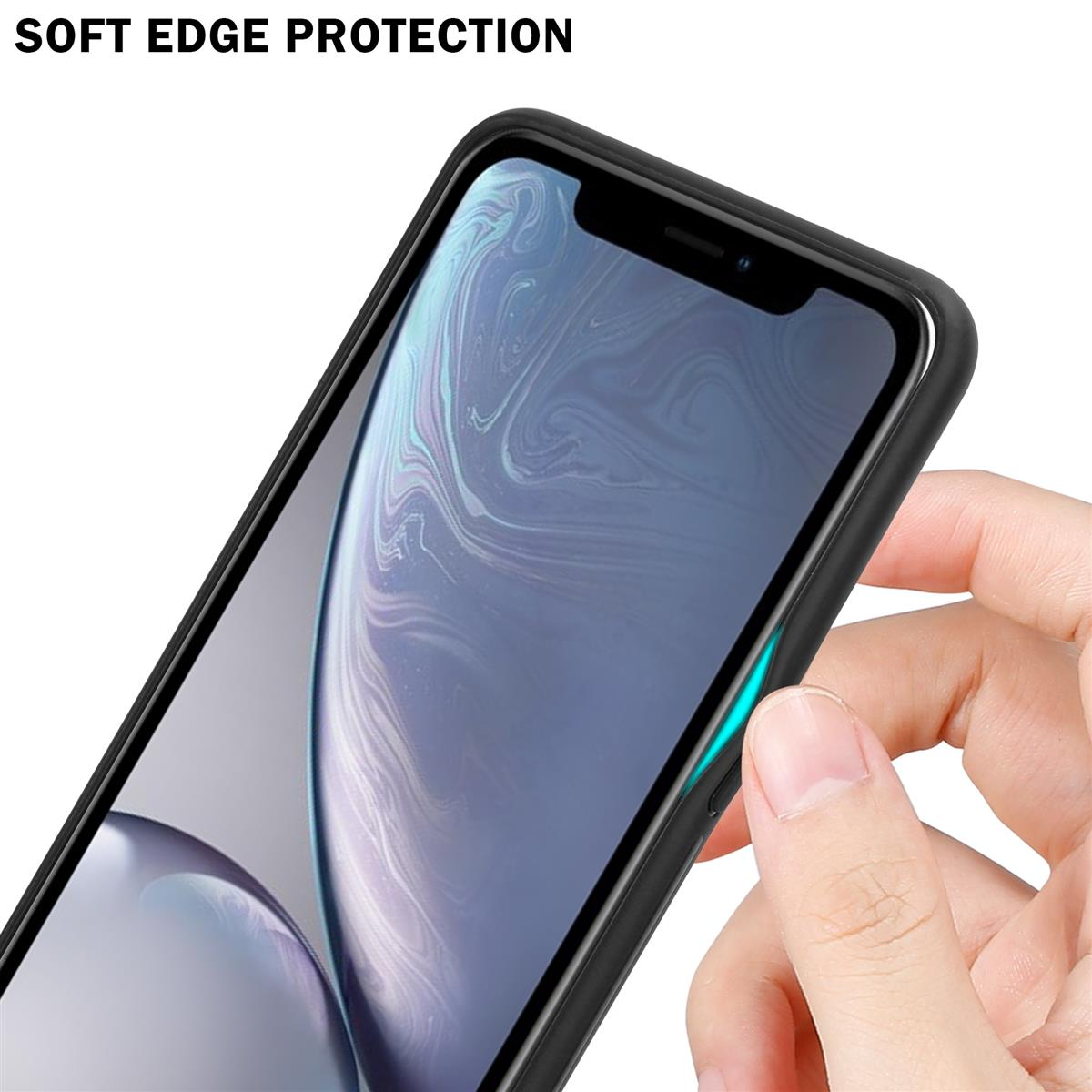 Primo piano di un telefono in una custodia nera. Una mano tocca il bordo dello schermo. Testo: Soft Edge Protection.