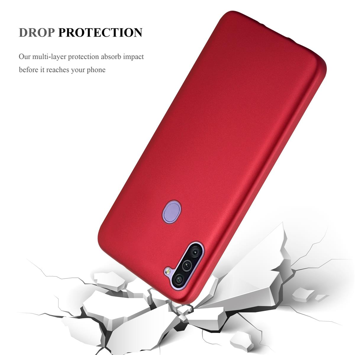 Eine rote Handyhülle fällt, mit einer zerbrochenen Oberfläche. Text sagt: 'DROP PROTECTION'.