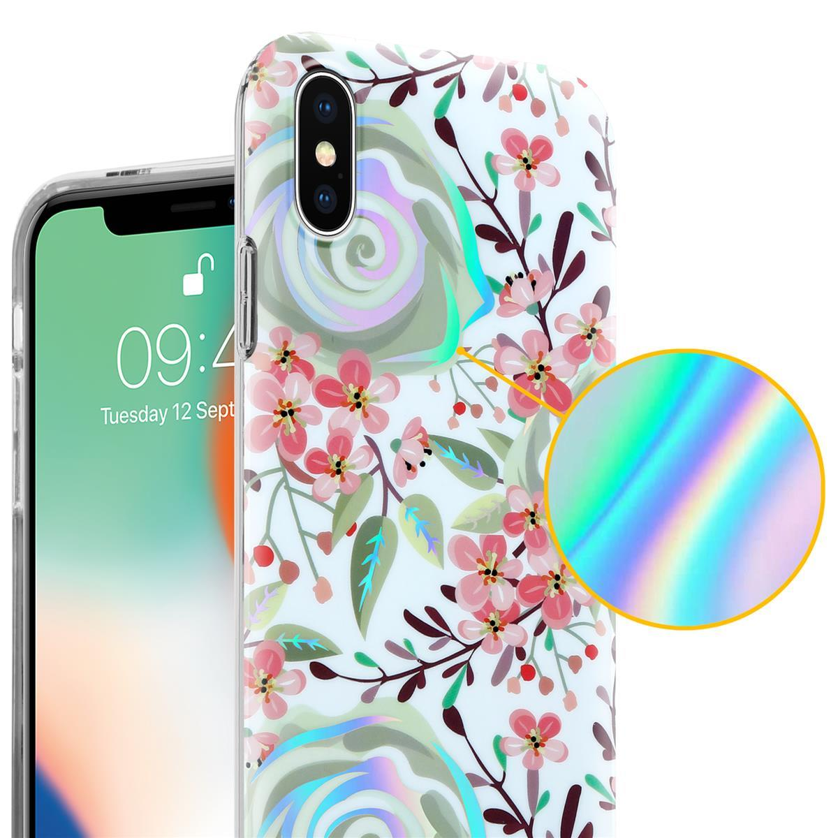Telefono con custodia floreale; sfondo bianco.