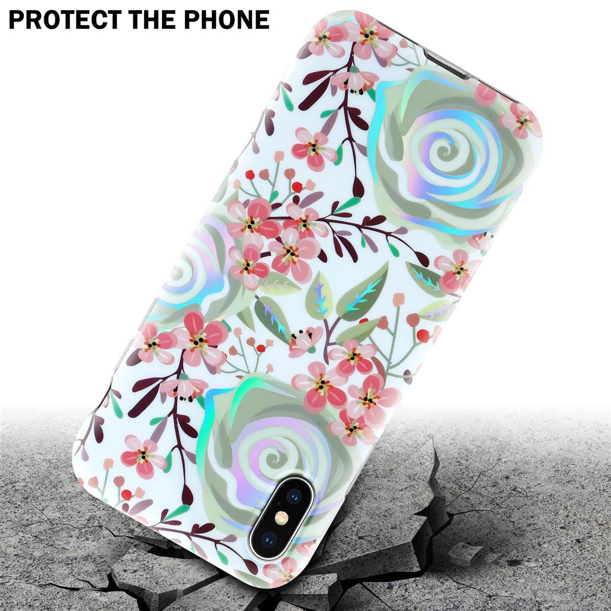 Custodia per telefono con fiori rosa e foglie verdi. Il telefono cade su una superficie incrinata. Testo: PROTECT THE PHONE.