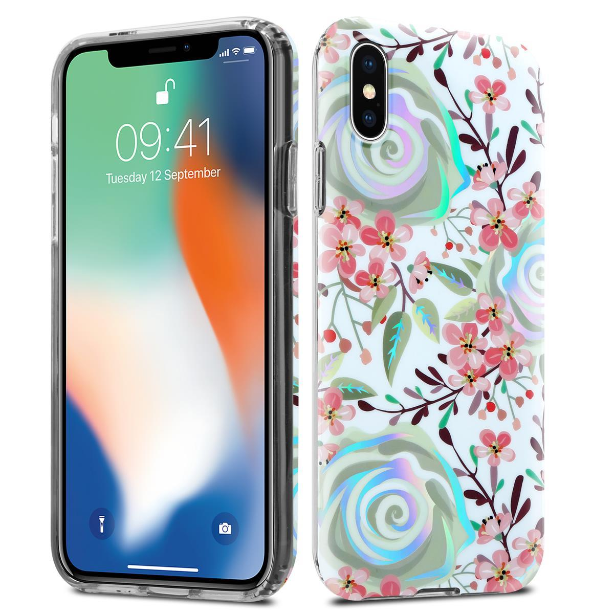 Vengono mostrati un telefono con custodia floreale e un telefono senza custodia. Lo sfondo è sfocato.