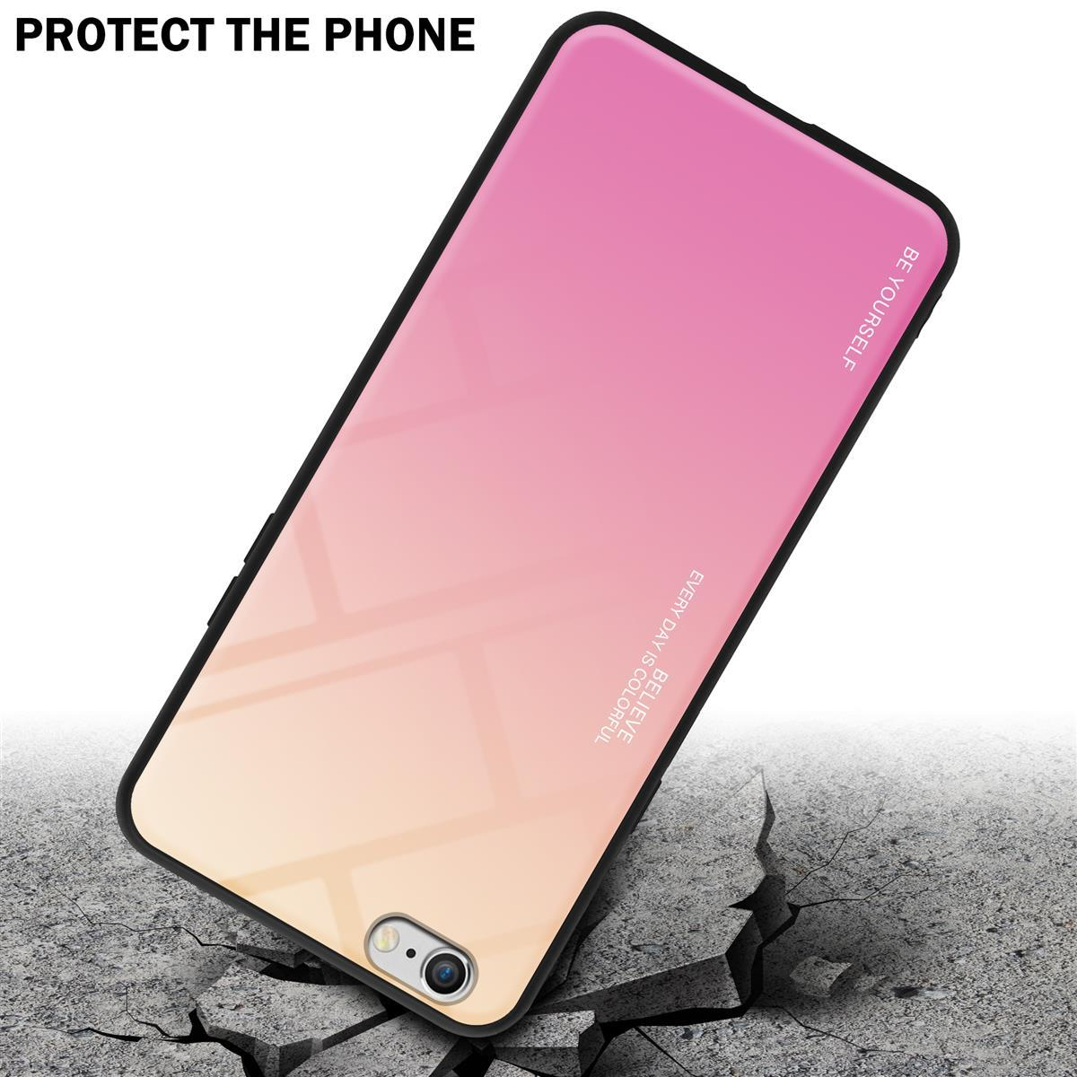 Una funda de teléfono degradada de rosa a naranja sobre una superficie agrietada. El texto dice Protege el teléfono.