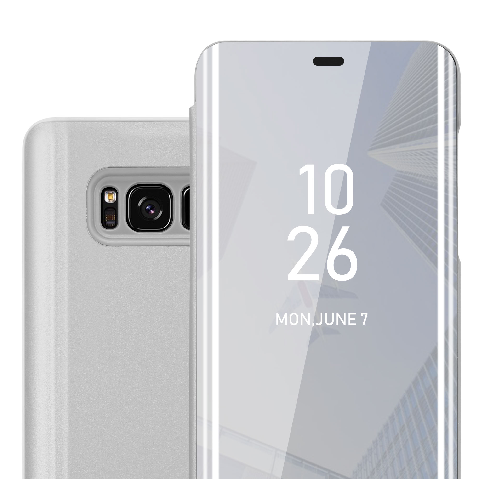 Telefono argentato con schermo a specchio che mostra data e ora e una cover posteriore.