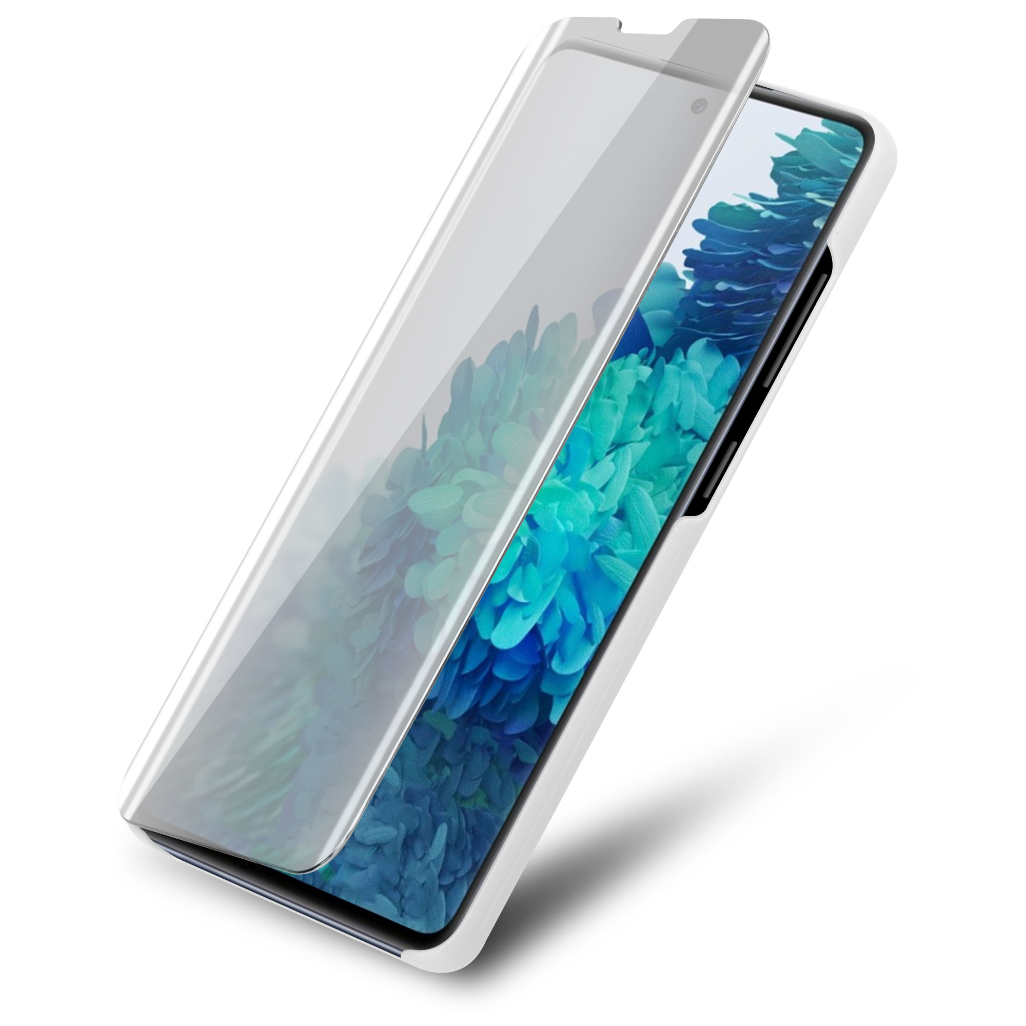 Un telefono bianco con una protezione per lo schermo. Lo schermo mostra colori blu e verdi.