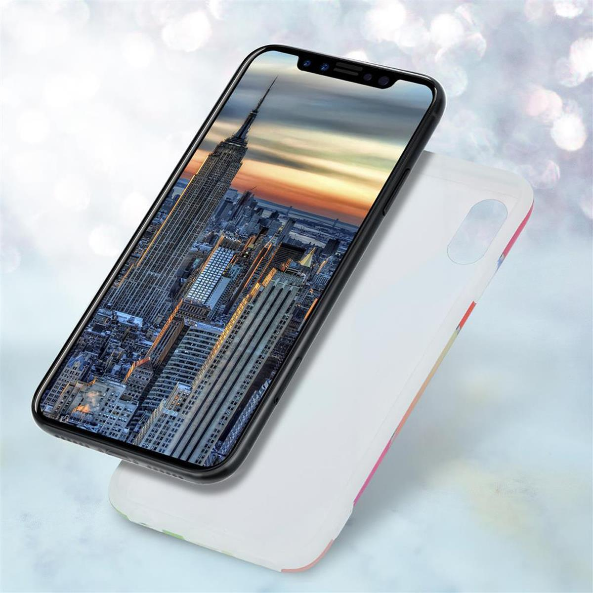 Smartphone che mostra lo skyline di una città, con una custodia bianca e colorata.
