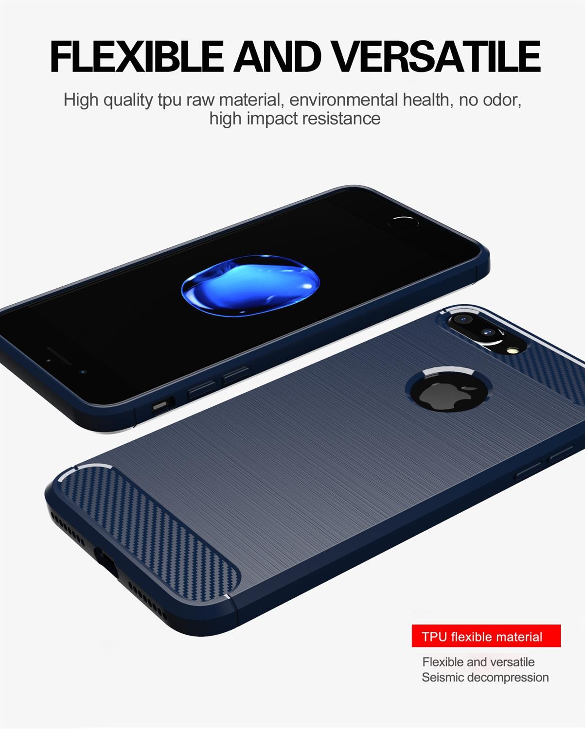 Due custodie per telefono. Una blu, con schermo nero. L'altra è blu scuro con un design in fibra di carbonio.