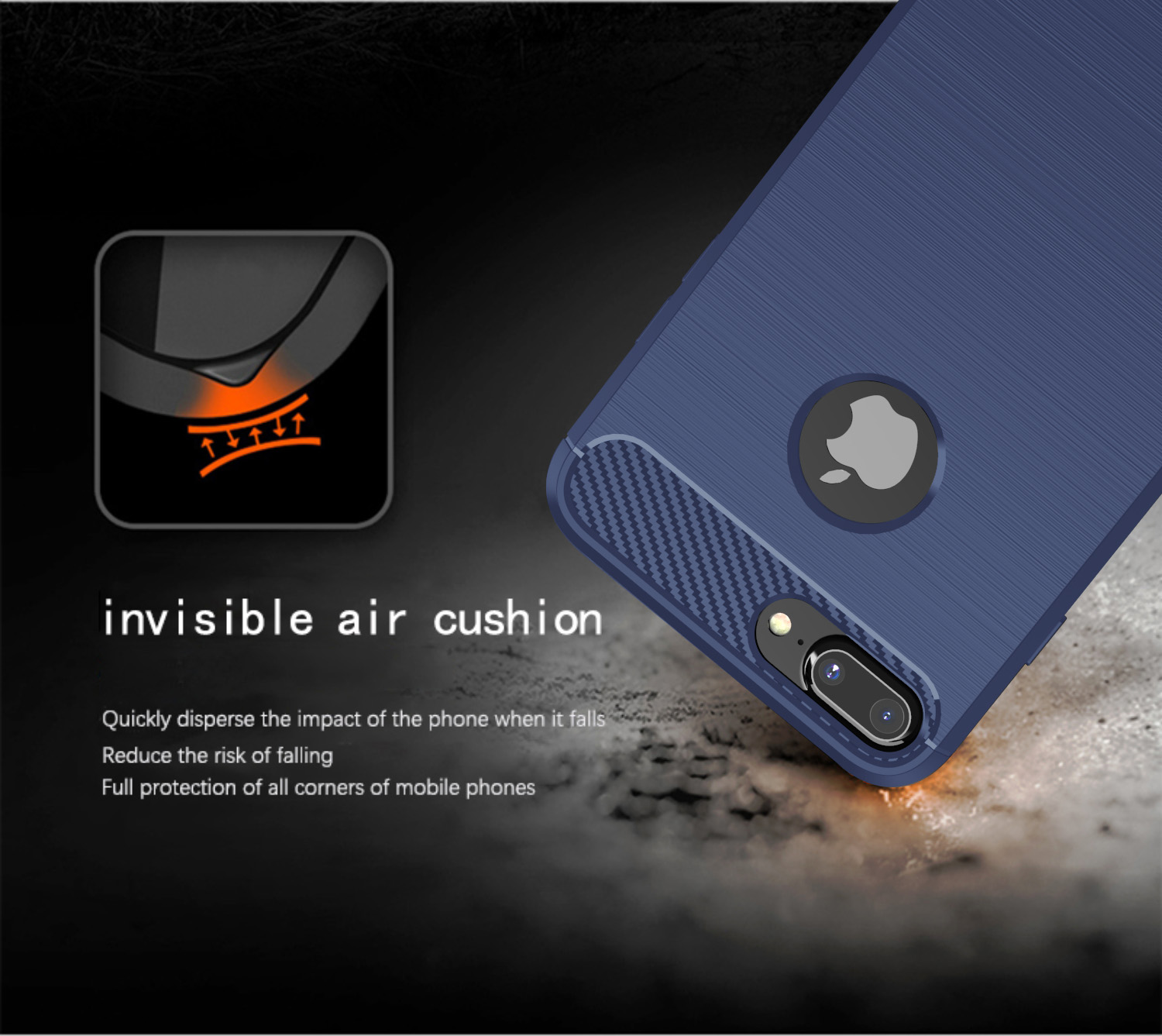 Una custodia blu per telefono con design in fibra di carbonio e il logo Apple.