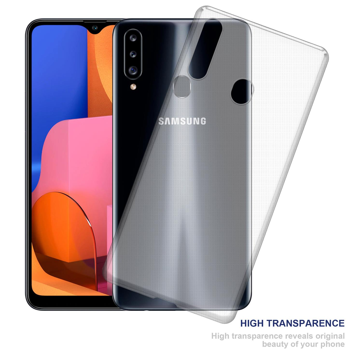Samsung-Telefon mit klarer Hülle; weißer Hintergrund.