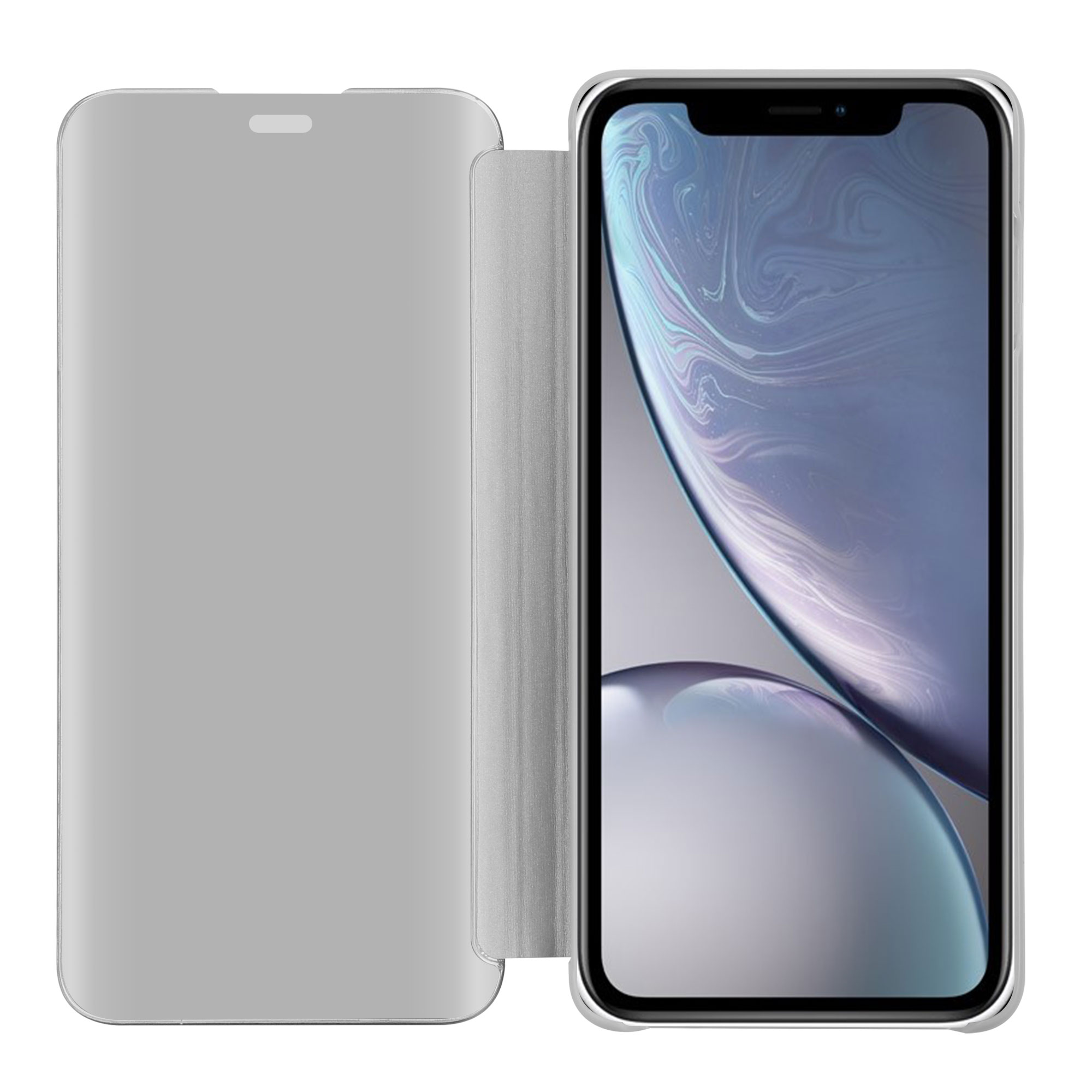 Telefon in einer silbernen Folio-Hülle, zeigt den Bildschirm und das Design der Hülle.